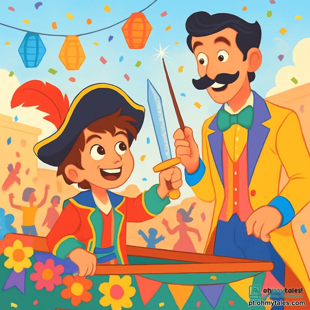 Um garoto de 12 anos, Rui, com cabelos castanhos bagunçados e olhos brilhantes de curiosidade, veste um traje de pirata colorido, com um chapéu preto adornado com uma pena vermelha. Ele sorri maravilhado, segurando uma espada de plástico brilhante, enquanto está em uma carroça decorada com flores de papel e guirlandas multicoloridas. Ao seu lado, o Maestro Camaleão, um homem alto e esguio, vestido com um traje flamboyant de cores vivas, com um grande bigode e uma batuta brilhante, observa Rui com um sorriso gentil, pronto para apresentá-lo às maravilhas do carnaval. A cena acontece em uma grande praça animada, cheia de confetes flutuantes e lanternas coloridas, onde as pessoas dançam alegremente, criando uma atmosfera festiva e mágica. Rui, deslumbrado, descobre um mundo fantástico durante o carnaval, cercado por criaturas extraordinárias e cores vibrantes, enquanto a carroça mágica o leva a aventuras inesquecíveis.