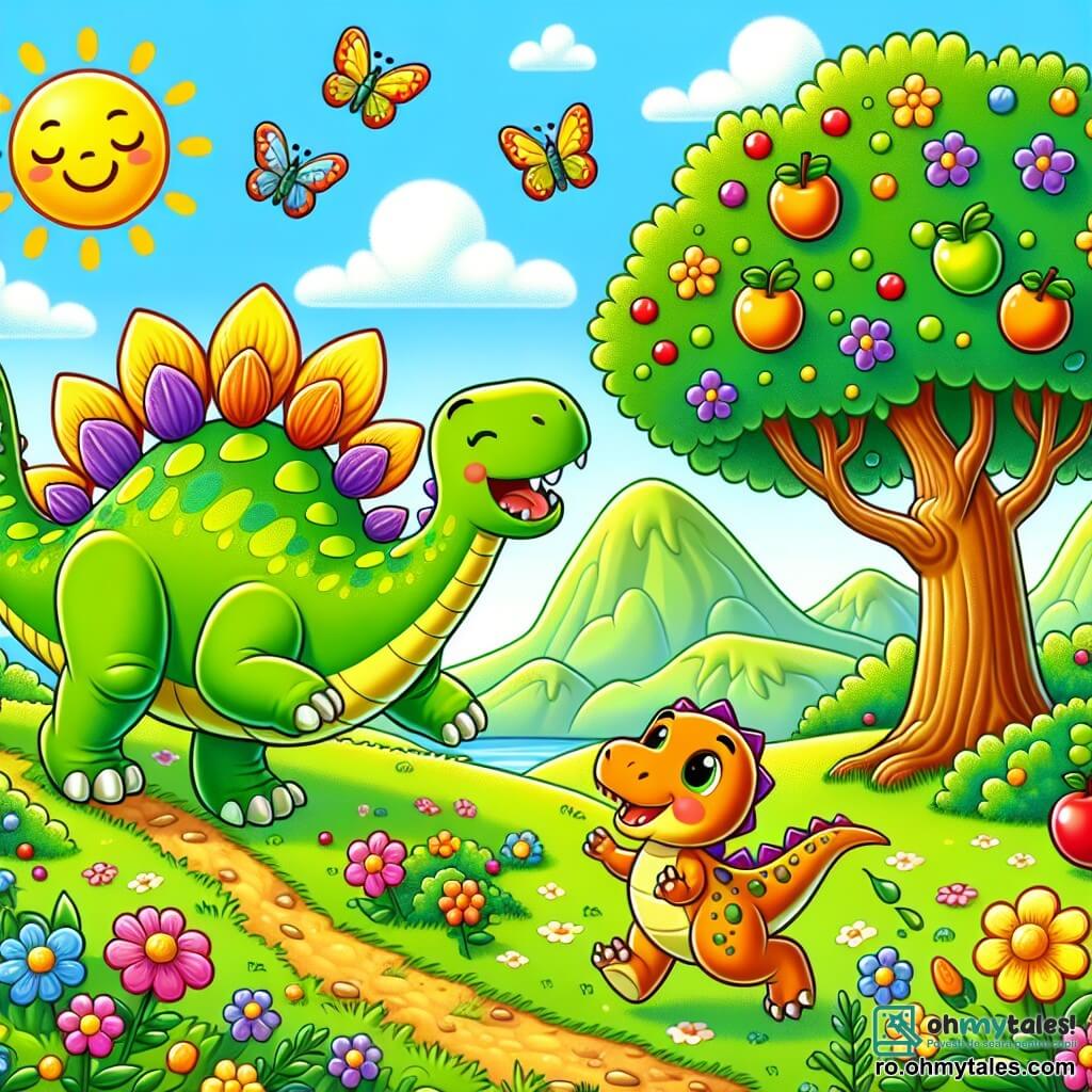 Un stegosaurus vesel, cu o piele verde și plăci colorate pe spate, stă în centrul imaginii, zâmbind cu ochii strălucind de emoție. Aleargă printr-o pajiște însorită, înconjurat de flori strălucitoare și fluturi colorați care zboară în jurul lui. În dreapta sa, un tânăr dinozaur T-Rex, cu o piele maronie și brațe mici, se uită cu un zâmbet mare, mâncând un fruct suculent. În stânga, un dinozaur mic, cu o piele galbenă și pete roșii, sare de bucurie, cu brațele ridicate, îndreptându-se către un copac plin de fructe. Decorul este o frumoasă insulă preistorică, cu munți verzi în fundal și un cer albastru presărat cu nori albi pufoși. Scena ilustrează prietenia și aventura, în timp ce cei trei dinozauri se îndreaptă vesel spre un copac plin de fructe delicioase, pregătiți să împărtășească un moment de fericire împreună.