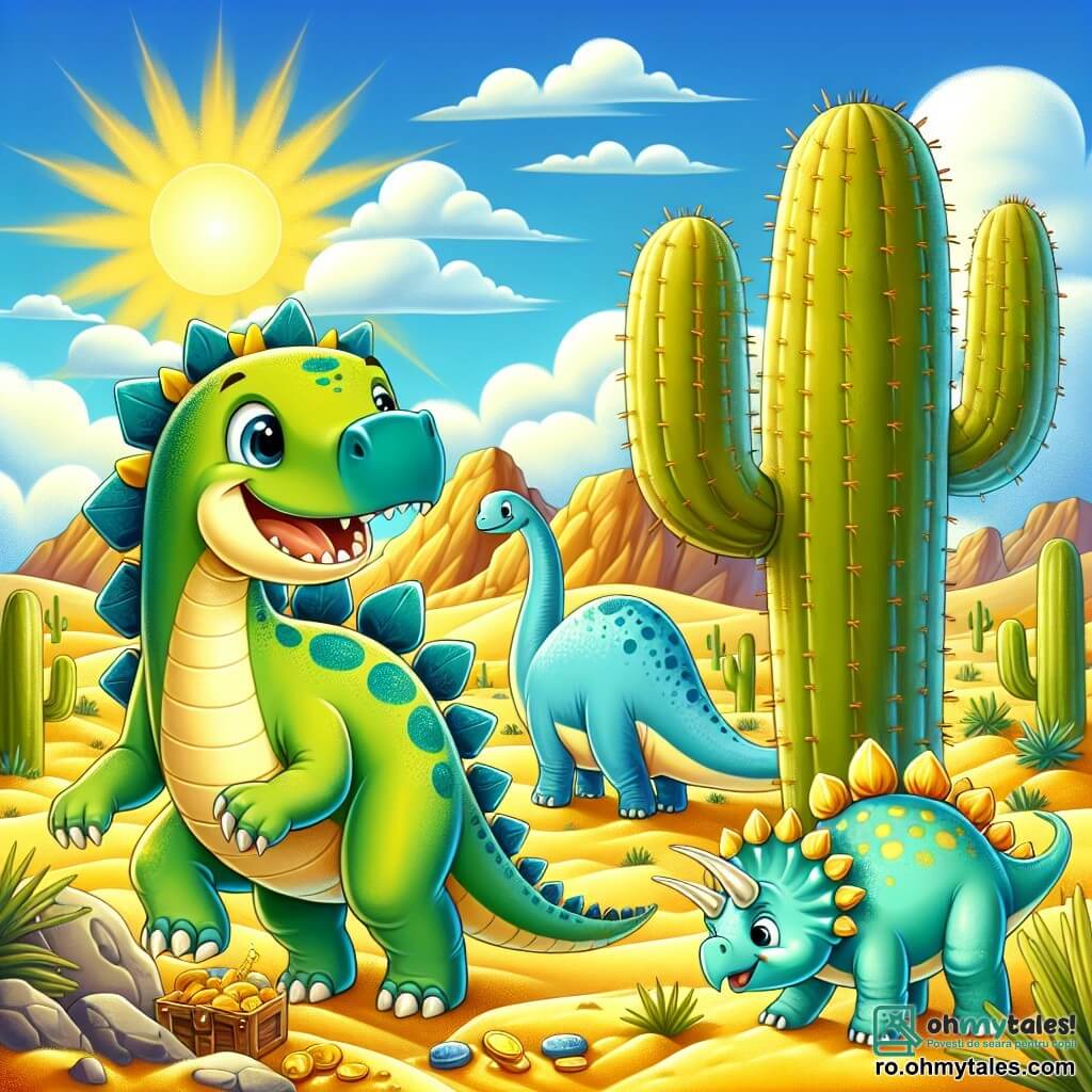 Un stegosaur vesel, cu un corp verde strălucitor și plăci dorsale colorate în albastru și galben, stă sub un cactus uriaș, zâmbind și privindu-se în jur cu curiozitate. Lângă el, un brontosaur cu gât lung, de culoare albastru deschis, îl observă cu ochi strălucitori de entuziasm, în timp ce un mic ceratops, cu coarne delicate și blană portocalie, caută comori ascunse în sol. Decorul este un vast deșert auriu, presărat cu cactuși și stânci, sub un cer albastru strălucitor și un soare radiant care luminează scena. Situația principală arată cei trei dinozauri în plină explorare, căutând comori în nisipul cald, plini de entuziasm și aventură.
