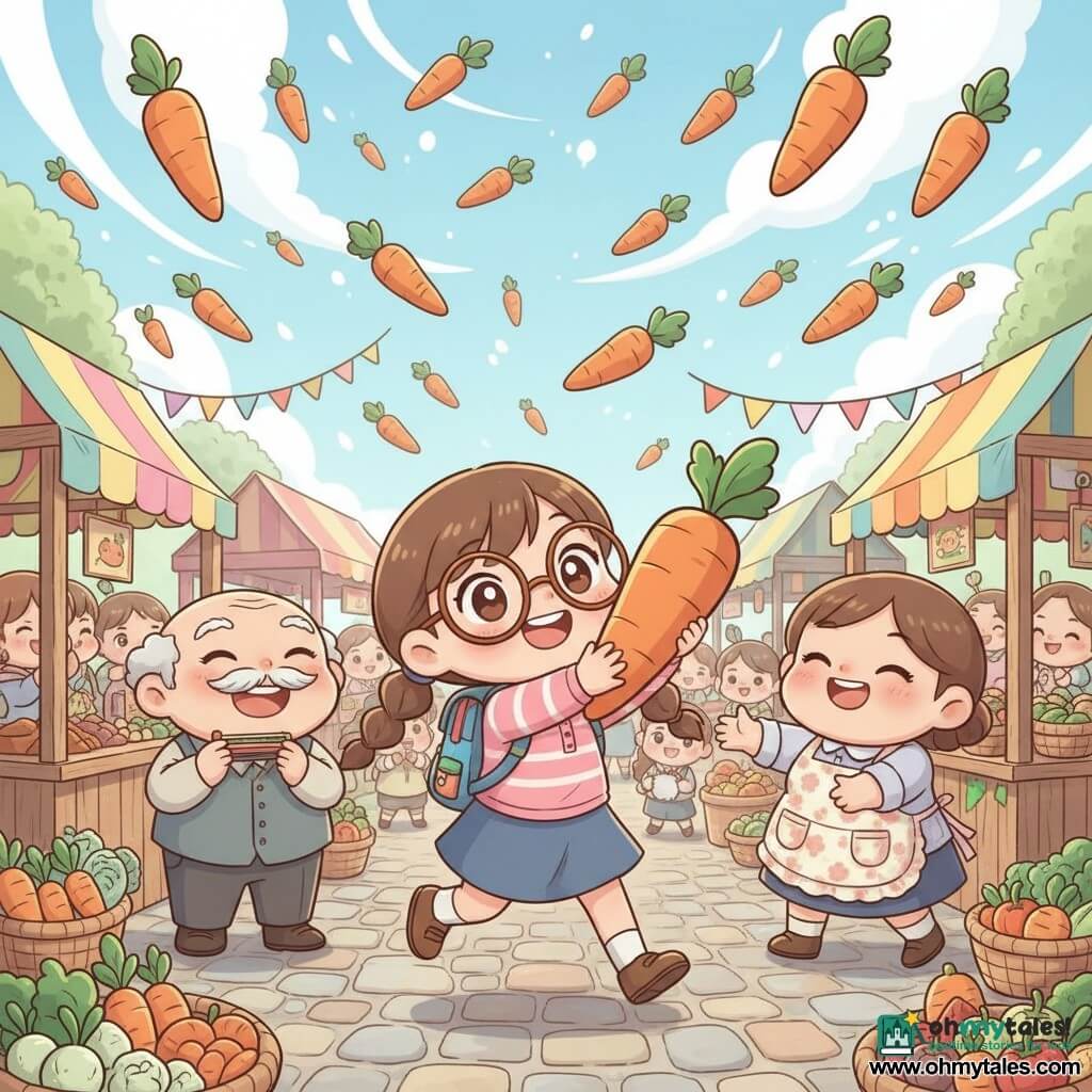 Daisy, a smiling 10-year-old girl with round glasses and brown pigtails, wearing a colorful backpack and dynamically grabbing a large floating carrot with both hands and bright eyes; Old Farmer Jenkins, about 60, round-faced with a white mustache, laughing and holding a harmonica near a wooden fence to Daisy's left; Mrs. Peabody, around 50, jovial and plump in a floral apron, reaching from her market stall to catch another flying carrot to Daisy's right; Wibbleton market with brightly painted wooden stalls, banners, baskets of vegetables and cobbled stones, a chibi crowd applauding; dozens of vivid orange carrots spin through the sky like birds casting soft shadows; an absurd joyful moment in a festive, saturated, soft-lit, cute style.