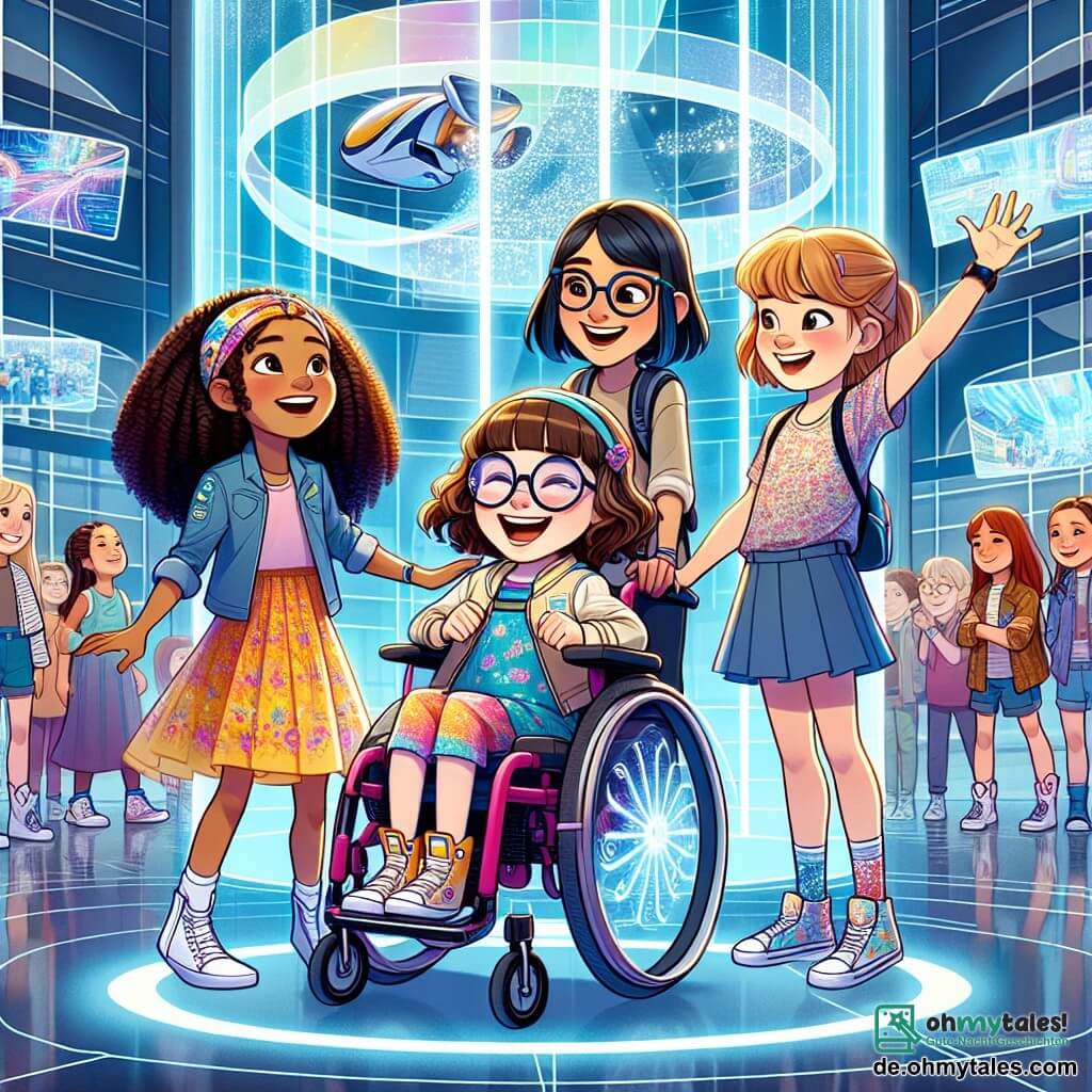 Vier Mädchen im Alter von 10 bis 12 Jahren stehen zusammen in einem großen futuristischen Gebäude. **Mia** ist 11 Jahre alt, hat braune Haare und eine runde Brille. Sie sitzt in einem eleganten, bunten Rollstuhl und lächelt begeistert. **Lila**, 10 Jahre alt, hat lockige blonde Haare und trägt ein buntes Kleid. Sie tanzt fröhlich neben Mia mit erhobenen Armen. **Tessa**, 12 Jahre alt, hat glattes schwarzes Haar und trägt ein gemustertes T-Shirt. Sie beugt sich fasziniert über einen schwebenden holografischen Bildschirm. **Zoe**, 11 Jahre alt, hat rote Haare und eine Sonnenbrille. Sie steht hinter Mia und hält einen glänzenden futuristischen Helm, bereit ihn ihrer Freundin aufzusetzen. Der Ort ist eine riesige, helle Halle mit Glaswänden und funkelnden Lichtern. Holografische Bildschirme schweben in der Luft und zeigen Bilder der futuristischen Stadt Glitzerfunken mit fliegenden Autos und verzauberten Gärten. Die Hauptsituation zeigt die Mädchen, die bereit sind, den geheimnisvollen "Zauberhelm" auszuprobieren, den ihnen Robi, der Roboter, vorgestellt hat. Sie sind aufgeregt und neugierig, bereit, die Wunder der Stadt durch die Augen der Zukunft zu entdecken.