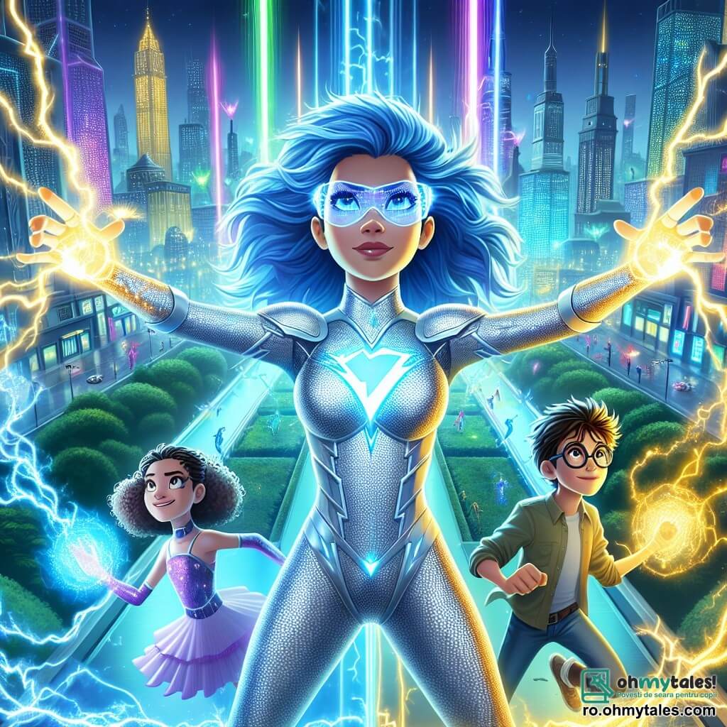 În centrul imaginii se află Electra, o supereroină cu părul albastru electric și un costum strălucitor argintiu, care emană o aură de determinare și curaj. Își ridică brațele spre cer, înconjurată de fulgere luminoase, pregătită să înfrunte pericolul cu o privire concentrată și încrezătoare. La dreapta ei se află Alex, un băiat de aproximativ 12 ani, cu părul brun și ochelari rotunzi, care manipulează bucăți de metal plutitoare, creând bariere protective, cu fața marcată de concentrare. La stânga ei, Lila, o fetiță de 11 ani cu părul blond și buclat, se concentrează pe transformarea sunetelor în energie, zâmbind cu ochii strălucind de entuziasm, dirijând unde de energie colorată spre haosul din jur. Decorul este un centru urban futurist, cu zgârie-nori strălucitori, parcuri verzi și lumini de neon care iluminează noaptea. Umbre amenințătoare se conturează în spatele clădirilor, creând o atmosferă de tensiune. Situația principală arată cum Electra și tinerii ei însoțitori sunt în plină acțiune, uniți pentru a lupta împotriva antagonistului misterios, Umbra, care atacă orașul. Fulgerele și undele de energie se intersectează într-o luptă epică, simbolizând lupta dintre bine și rău.