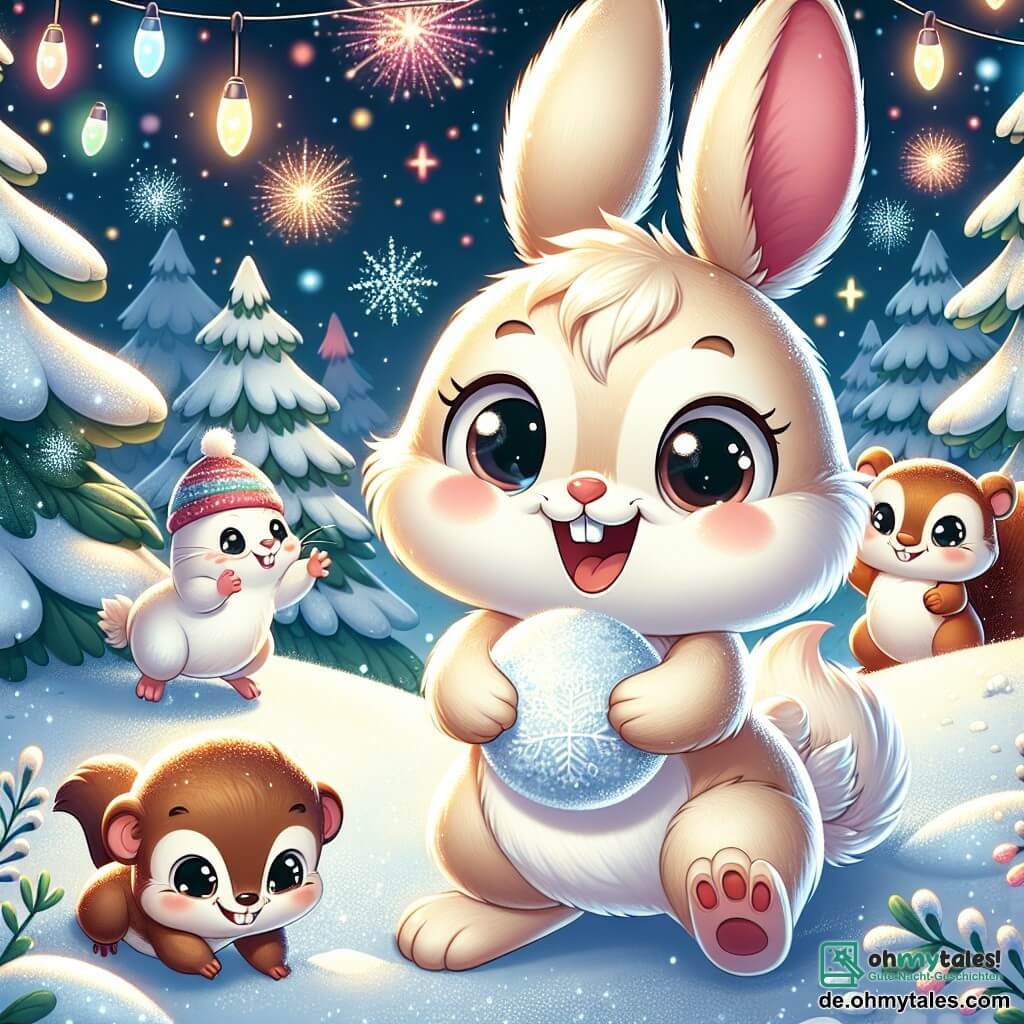 Ein junger Hase mit großen Ohren und einem weichen, seidigen cremefarbenen Fell springt fröhlich inmitten einer verschneiten Lichtung, sein Gesicht strahlt vor Glück und Aufregung. Er trägt einen kleinen festlichen Hut und hält einen Schneeball in seinen Vorderpfoten, bereit ihn zu werfen. In der Nähe lacht ein kleines Eichhörnchen mit funkelnden Augen, rotem Fell und einem buschigen Schwanz, während es einen Schneeball formt, sein Lächeln erhellt sein Gesicht. Ein kleiner Maulwurf mit braunem Fell und kräftigen Pfoten versteckt sich hinter einem kleinen Schneehaufen, seine Augen glänzen vor Schalk, bereit, seine Freunde mit einem Schneeball zu überraschen. Die Szene spielt in einem magischen Wald, wo große Bäume mit glitzerndem Schnee bedeckt sind und bunte Laternen in der sternenklaren Nacht leuchten, wodurch eine festliche und warme Atmosphäre entsteht. Die Freunde bereiten sich auf eine große Schneeballschlacht vor, lachen und haben Spaß miteinander, während Feuerwerke den Himmel über ihnen erleuchten und das neue Jahr in einem Farben- und Freudenrausch feiern.