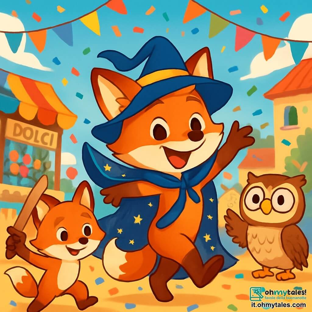 Al centro dell'immagine, una giovane volpe dai peli lucenti e dorati, chiamata Furbetto, indossa un costume da pirata magico con un lungo mantello blu cosparso di stelle scintillanti. Sorride gioiosamente, con gli occhi brillanti di eccitazione, mentre fa una pirouette sulla scena del carnevale. A destra, un saggio gufo dalle piume marroni e bianche, con piccoli occhiali rotondi, osserva ammirato, con le ali leggermente aperte come se volesse applaudire. A sinistra, una volpe arancione, chiamata Arancino, brandisce una spada di legno con espressione determinata, gli occhi brillanti di orgoglio, pronta a sostenere il suo amico. Il contesto è una piazza animata, piena di colori vivaci: bandierine multicolori sventolano nel vento, bancarelle di dolci decorate con fiori, e gli abitanti del villaggio, felici e sorridenti, lanciano coriandoli in aria. La scena cattura il momento in cui Furbetto, al culmine della gioia, si prepara a partecipare alla grande parata del carnevale, circondato dai suoi amici e da una folla entusiasta, tutti pronti a festeggiare insieme.