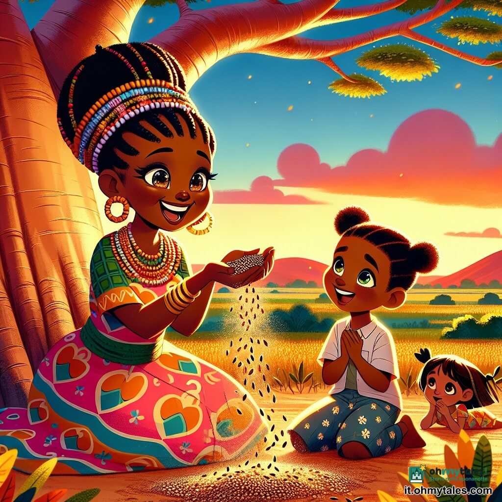 Nia, una donna africana dal sorriso splendente e dagli occhi brillanti di gioia, è seduta sotto un grande baobab. Indossa un abito colorato con motivi vivaci e ha i capelli intrecciati con perline scintillanti. Tiene un pugno di semi tra le mani, guardando i bambini con tenerezza ed entusiasmo. Amadou, un ragazzo di 6 anni con occhi brillanti e pelle dorata, è accanto a lei, con le braccia alzate, pronto a piantare un seme. Sira, una bambina di 5 anni con trecce e un vestito a fiori, è seduta per terra, ascoltando attentamente Nia, con un sorriso curioso sul volto. Il luogo è una collina rossa, illuminata dalla luce dorata del sole al tramonto, circondata da campi verdi e un cielo blu punteggiato di nuvole rosa. La scena principale mostra Nia che insegna ai bambini l'importanza di piantare semi in segno di gratitudine verso la terra, mentre una leggera brezza fa danzare la polvere dorata intorno a loro, creando un'atmosfera magica e gioiosa.