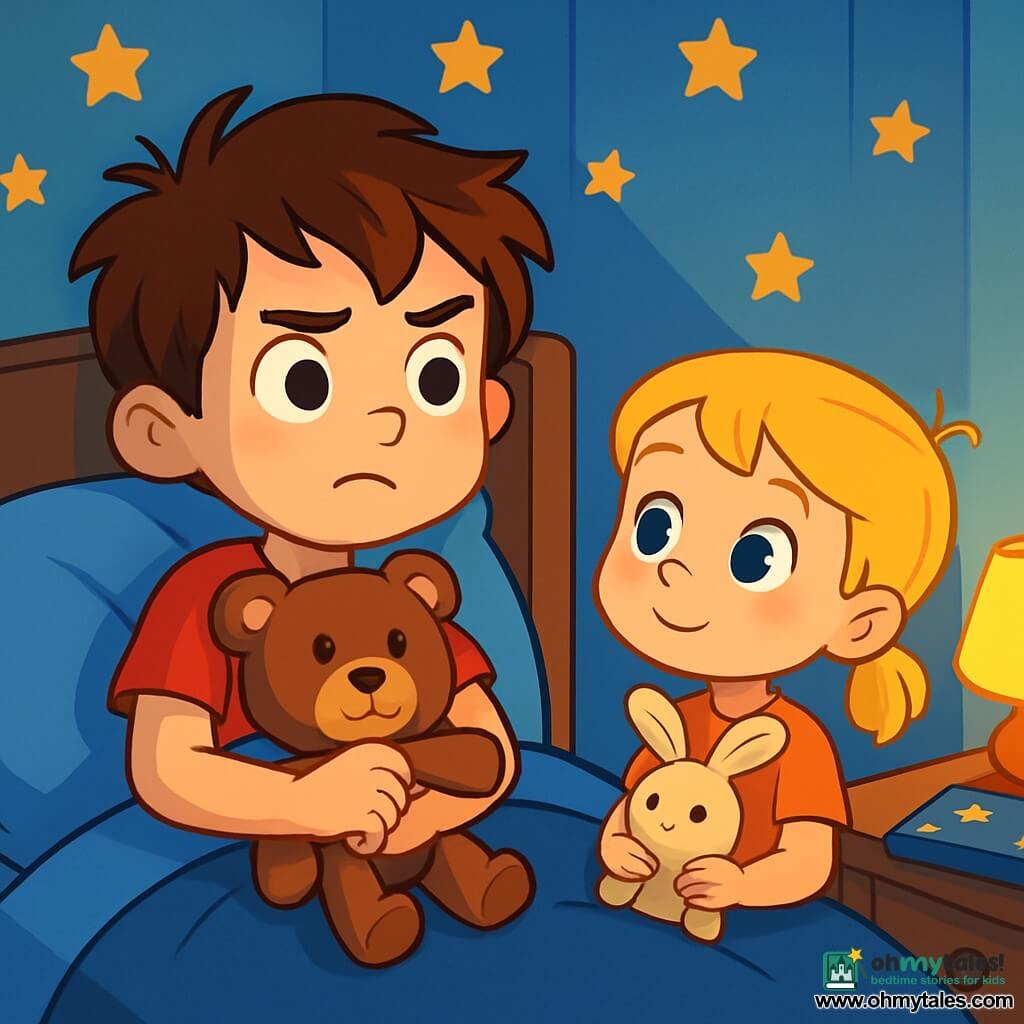 A 6-year-old boy with messy brown hair and sparkling curious eyes is lying in his bed. His face shows slight worry but also determination. He is holding tightly to a teddy bear named Mr. Snuggles, who has a gentle smile and open arms. Next to him, a 4-year-old girl with blonde hair and blue eyes looks on with admiration. She holds a small bunny plush and seems intrigued by the nighttime adventure. The room is cozy, with light blue walls and golden stars stuck to the ceiling. A small night lamp casts a soft light, creating friendly shadows on the walls. On the nightstand, an illustrated book about stars is open, and a small light brightens the corner of the room. In this scene, the boy and girl are preparing to explore the mysteries of the night, surrounded by reassuring darkness. They listen attentively to the sounds of the night, ready to discover the hidden wonders in the dark.