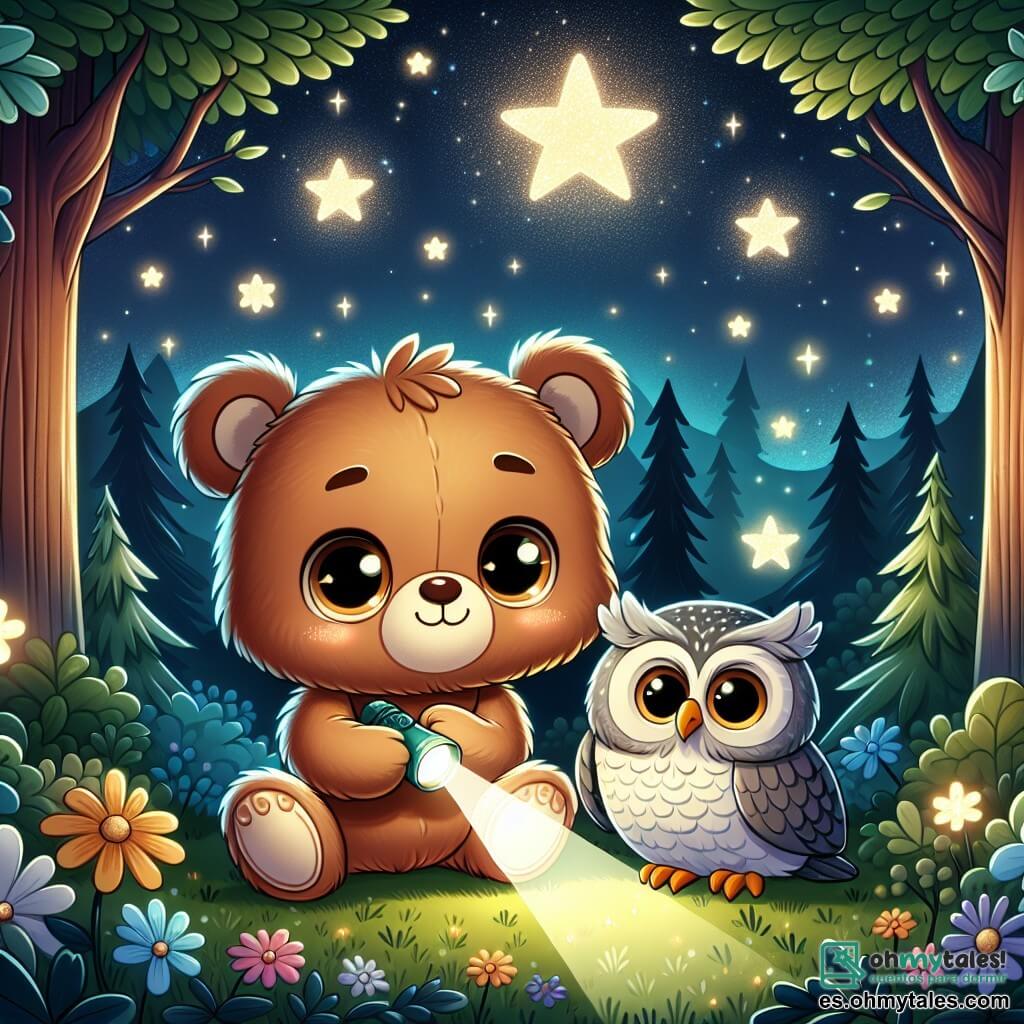 Un pequeño oso de peluche, Osito, con un suave pelaje marrón y ojos redondos y brillantes, mira maravillado las estrellas centelleantes en el cielo nocturno, con una ligera sonrisa en su rostro, mientras sostiene una pequeña linterna que ilumina su cara. A su lado, un sabio búho de plumas blancas y grises, posado en una rama, observa atentamente a Osito con ojos redondos y curiosos, emitiendo un "Uuu, uuu" amistoso, mientras asiente para animar al pequeño oso. El escenario es un bosque encantado, donde los árboles son altos y majestuosos, sus hojas bailan suavemente al compás del viento, y el suelo está cubierto de flores luminosas que brillan en la oscuridad. La situación principal muestra a Osito, inicialmente temeroso, descubriendo la belleza de la noche, rodeado de la magia de las estrellas y el canto del búho, aprendiendo a superar su miedo a la oscuridad.