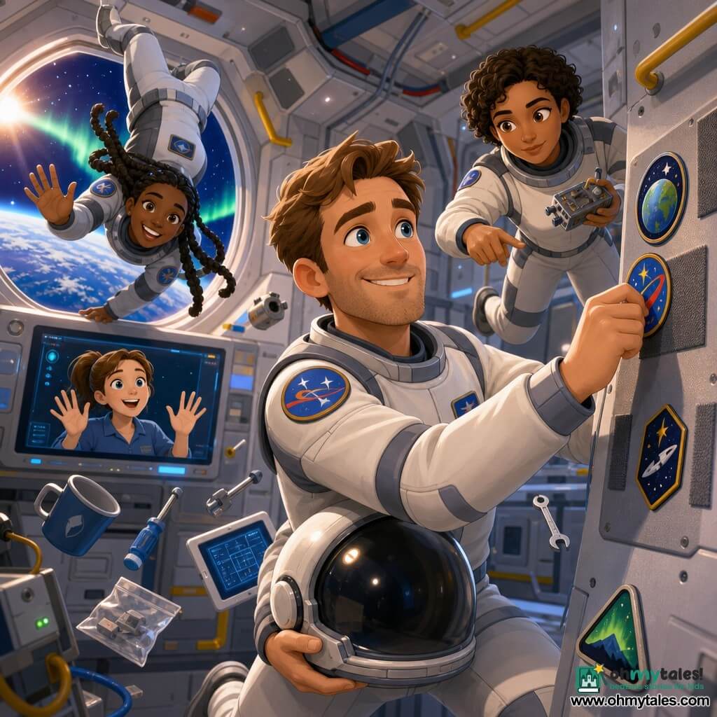 Adult man smiling and moved, bright eyes and proud look, helmet under his arm, white and gray spacesuit with colorful patches, sticking a patch on a Velcro wall inside the station; Dr. Amari Chen, brown skin, short curly hair floating, gentle focused expression, holding a small technical box and pointing, just behind him to his right; Captain Nia Okoye, dark skin, braided hair floating, welcoming smile, floating slightly head-down near the porthole and waving, to his left; Jada, about 23, ponytail and sparkling eyes, shown on a screen/comm with hands raised in excitement near a console behind the group; stylized station interior with light metal walls and hex panels, yellow rails and handles, organized cables, floating tablets and tools, large round porthole showing blue Earth and a distant green aurora; main scene: a calm, joyful team celebrating installing a device and affixing the patch, soft sunlight through the porthole, small particles and objects floating in microgravity, warm atmosphere, vivid colors and strong contrasts, composition centered on the man placing the patch with Earth in the background.