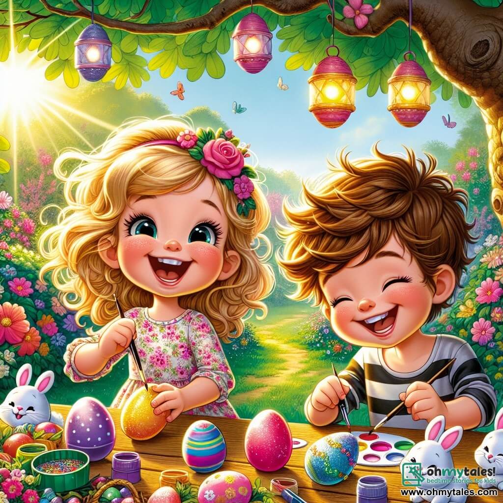 An 8-year-old girl named Lily, with big bright eyes and curly blonde hair, is painting colorful Easter eggs on a wooden table. She smiles enthusiastically, her cheeks flushed with excitement, wearing a pretty floral dress. Next to her, her best friend Max, a 7-year-old boy with messy brown hair and a striped t-shirt, laughs while holding a decorated egg with a big smile. He leans over the table, adding glitter to his egg, looking just as joyful as Lily. The setting is a sunny garden filled with vibrant flowers, with a large oak tree in the background where colorful lanterns are hanging. Small plastic bunnies are scattered around, adding a festive touch to the atmosphere. The scene captures Lily and Max engaged in the activity, laughing and creating joyful memories while painting Easter eggs, surrounded by the beauty of spring and the spirit of the holiday.