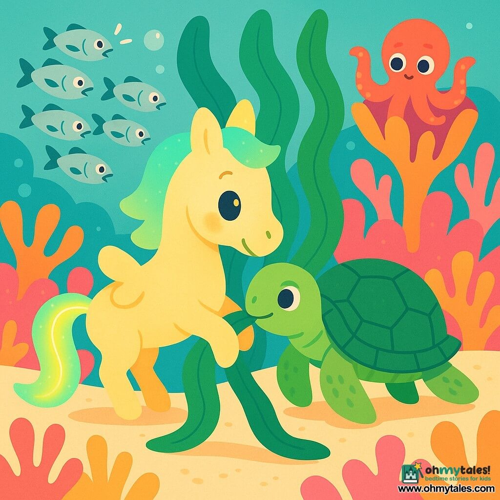 A small star-pony as the main character—glowing and gentle, big kind eyes, ribbon-like light tail, small round fins—gently pushing a long seaweed with its back; a friendly green turtle as secondary character—rounded textured shell, calm focused expression—holding the seaweed near the star-pony’s mouth; a school of small silver fish with shiny scales and surprised-then-happy faces in the background waiting to pass along the coral path; a tiny curious octopus curled in a coral cup, waving a tentacle to encourage them; the setting is a graphic coral garden: simple rounded pink, orange and yellow corals, soft cream sand, large waving green seaweeds and translucent bubbles; the scene emphasizes cooperation, calm reassuring mood, centered composition with clear readable gestures; visual style: flat vector illustration with broad shapes, clean outlines, a saturated pastel palette with neon accents for the glowing tail, soft lighting and subtle water sparkles.