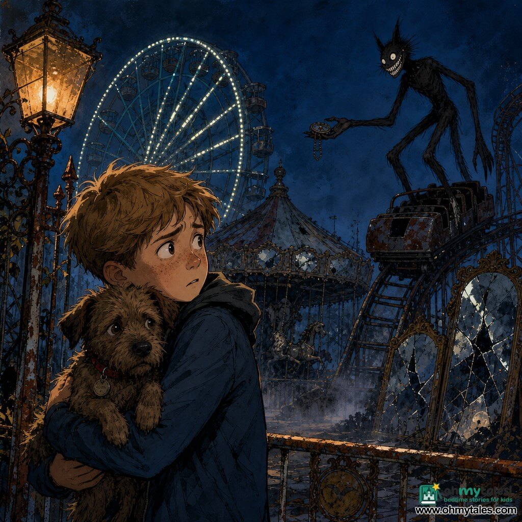 A 10-year-old boy with a round freckled face, worried wide eyes and short messy brown hair holds a small trembling brown dog, Oliver, wearing a red collar with a tag, in a tense protective posture as he turns from the funhouse; behind him on a rollercoaster sits a shadowy, long-limbed creature with sharp teeth and a wide grin, ghostly and nonhuman, reaching out as if offering something strange. The scene is the nighttime entrance to an amusement park with rusted fences, a broken carousel and a Ferris wheel lit by pale neon and cracked mirrors reflecting distorted shapes, under a deep midnight-blue sky with light ground mist, yellow-orange lamp glow and long contrasting shadows. Visual style: visible-stroke colored ink, grainy textures, limited palette (midnight blue, ochres, muted reds) and strong contrasts, eerie but child-appropriate.