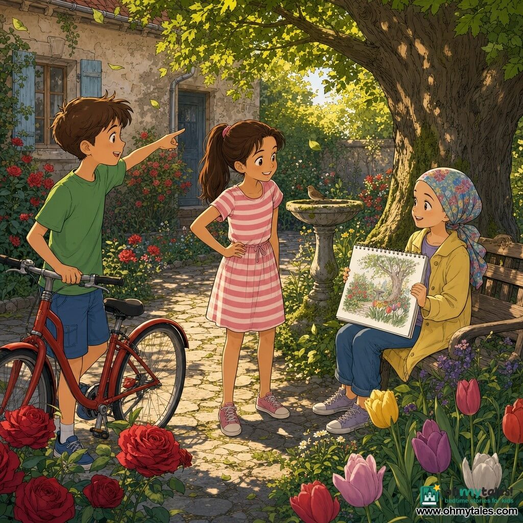 Three children: Daniel, about 10, short brown hair, observant, wearing a green T‑shirt and blue shorts, holding a red bike at the left and pointing toward the garden; Mia, about 10, long hair in a ponytail, warm smile, wearing a pink-and-white striped dress, standing center with a hand on her hip looking at Lily; Lily, about 10, hair regrowing under a colorful headscarf, wearing a light yellow coat, seated right by a wooden bench holding an open sketchbook and showing a drawing. Setting: a small walled garden behind an old house with a paved path, red roses and multicolored tulips, a large oak with exposed roots, a weathered wooden bench and a slightly mossy stone birdbath, bathed in soft golden late-afternoon light. Scene: the three children joyfully celebrate Lily’s recovery as she shows her garden drawing, the others smile admiringly amid open flowers, gently moving leaves and shafts of light through the branches.