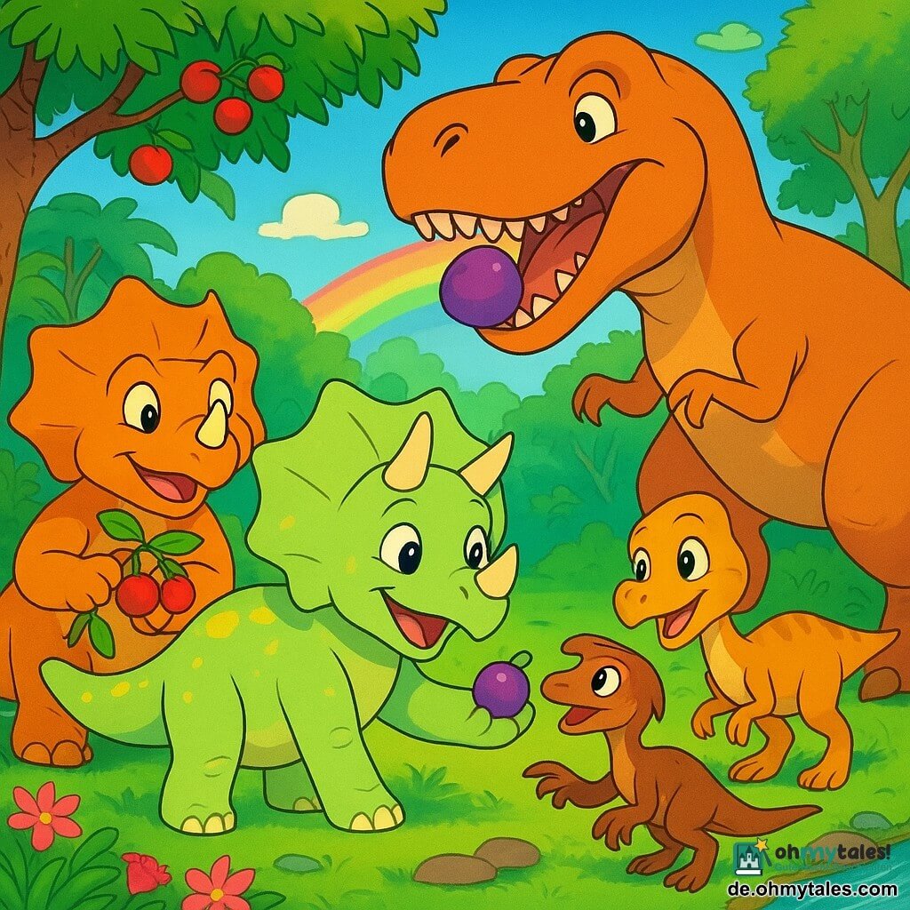 Trixi, ein junger Triceratops vorn, fröhlich und selbstbewusst, hellgrüne, gelb gesprenkelte Haut, großer runder Nackenschild mit drei kleinen Spitzen und kurzen abgerundeten Hörnern, reicht eine Pfote zu einer glänzenden Frucht; Max, ein stämmigerer Triceratops links hinter ihr, lächelt und hält einen Zweig voller roter Früchte; Lili, zierlicher und kleiner, schaut staunend rechts und hüpft leicht; Raptor, ein kleiner, wendiger Velociraptor, hockt auf dem Boden, aufgeregt, mit braunen Federbüscheln und lebhaften Augen, schnüffelt an der Frucht; Rexy, ein großer, freundlicher T-Rex hinten rechts, braun-orange, hat das Maul geöffnet und beißt in eine große violette Beere. Die Szene spielt in einer hellen Dschungellichtung mit breiten smaragdgrünen Blättern, hängenden Lianen, bunten Blumen, einem knorrigen Obstbaum und einem kleinen Bach, durch den ein Sonnenstrahl einen Regenbogen bildet; Stimmung von Frieden und Teilen, warme, freundliche Ausdrücke und Gesten. Grafischer Stil: klare Konturen, satte Farben, sanfte Schatten, warme, expressive 90er-Cartoon-Atmosphäre.