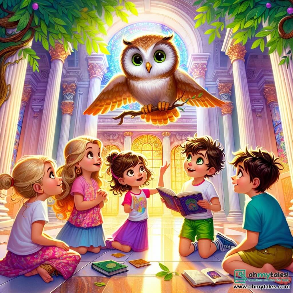 In a large, bright temple, five little friends stand together: Lily (girl, 5 years old) has long blonde hair and wears a pink floral dress. She gazes in wonder at a big owl perched on a branch. Max (boy, 5 years old) has messy brown hair and wears a blue t-shirt. He holds an open book in his hands, ready to ask a question. Bella (girl, 5 years old) has curly brown hair and wears a purple skirt. She smiles at the owl, eager to learn. Sam (boy, 5 years old) has black hair and wears green shorts. He sits on the floor, legs crossed, thinking of a question. Leo (boy, 5 years old) has blonde hair and wears a red t-shirt. He stands with his arms raised, as if wanting to ask the owl a question. The temple is majestic, with white marble walls and colorful stained glass windows letting in rays of light. Green tree branches extend inside, creating a magical atmosphere. The children gather around the big owl, Oliver, who talks to them about wisdom and the importance of asking questions. They listen attentively, their eyes shining with excitement and curiosity.