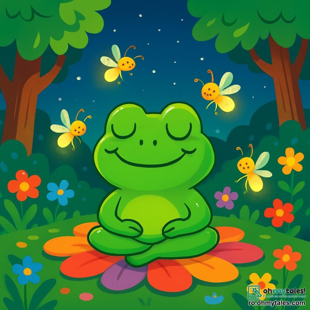 Ochișor, o broască mică verde cu piele lucioasă și ochi rotunzi strălucind de serenitate, stă întinsă pe un covor moale de petale colorate, zâmbind liniștită. Respira lent, cu labele pliate sub ea, într-o postură de meditație. În jurul ei, licuricii strălucitori, mici creaturi luminoase cu corpuri translucide și aripi delicate, dansează vesel în aer, iluminând scena cu o lumină aurie și caldă. Locația este o poiană magică, înconjurată de copaci mari cu trunchiuri groase și frunze verzi strălucitoare, unde flori multicolore cresc din abundență, creând un tablou viu de culori vii. Noaptea este liniștită, cu un cer înstelat, iar o briză blândă face frunzele să danseze. Ochișor se află într-un moment de calm, respirând profund și lăsându-se purtat de serenitatea nopții, în timp ce licuricii o înconjoară, creând o atmosferă de vis și liniște.