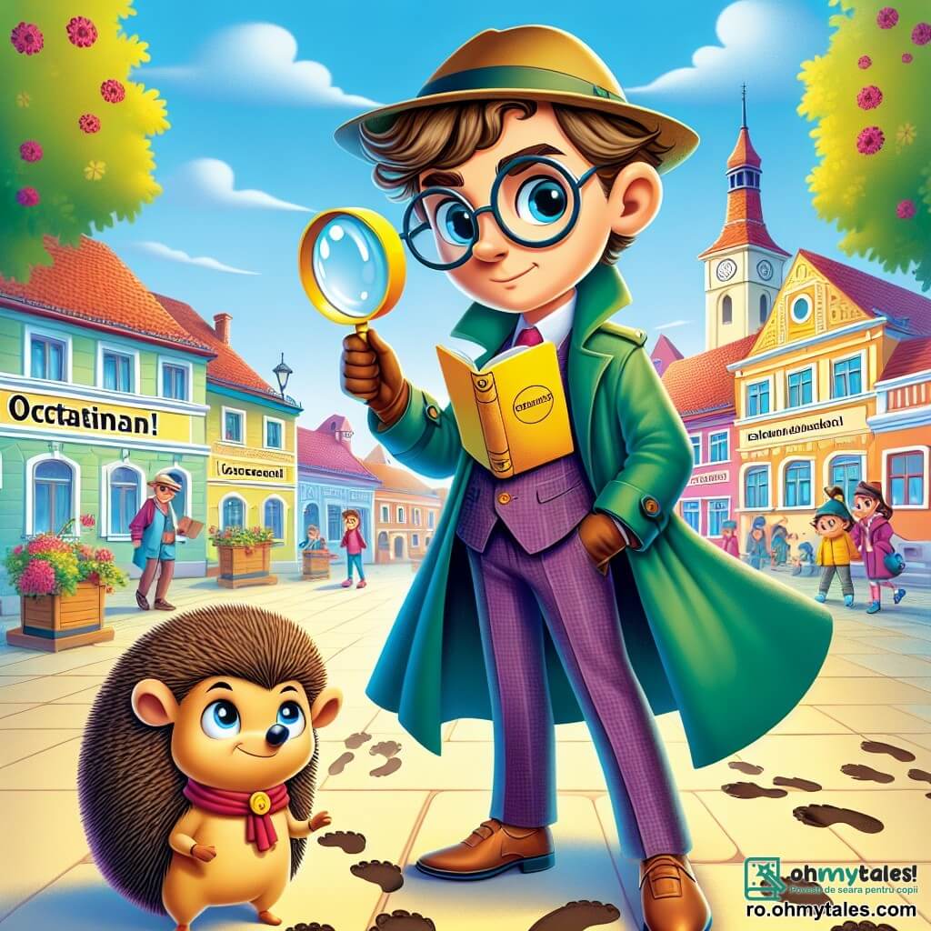 Un bărbat detectiv, Octavian, stă în centrul imaginii, purtând un palton elegant verde, o lupă uriașă într-o mână și un carnet galben în cealaltă. Fața sa este curioasă și concentrată, cu ochelari rotunzi care reflectă lumina soarelui. Lângă el, un arici numit Sclipici, un arici mic cu o căciuliță roșie, privește cu ochi strălucitori, nerăbdător să împărtășească secretul său. În fundal, un oraș fermecător, Brăduleț, se dezvăluie cu case colorate cu acoperișuri de țiglă, copaci înfloriți și o piață animată unde copiii se joacă. Scena emană o atmosferă de mister și excitație, în timp ce Octavian examinează urme de pași în pământ, căutând indicii pentru a rezolva misterul disparițiilor.