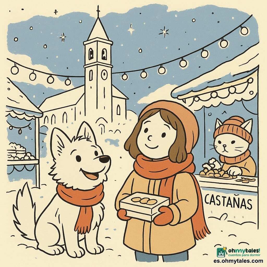 Un pequeño lobo llamado Lino, con un pelaje suave y ojos brillantes de alegría, está de pie en la nieve, levantando la cabeza hacia el cielo. Lleva una bufanda roja alrededor de su cuello. A su lado, una niña humana, abrigada en un grueso abrigo, sonríe cálidamente sosteniendo una caja de galletas. Lleva la bufanda roja de Lino sobre sus hombros. En el fondo, un gato con un gorro de lana está sentado cerca de un puesto de castañas, contando monedas con una expresión concentrada. La escena tiene lugar en una plaza de pueblo nevada, decorada con guirnaldas luminosas y puestos de mercado navideño. Arriba, una gran iglesia con un campanario se eleva hacia el cielo, donde una fina capa de nubes se disipa, revelando estrellas centelleantes. La campana de la iglesia está sonando, y su sonido parece iluminar la escena con un resplandor cálido y festivo.