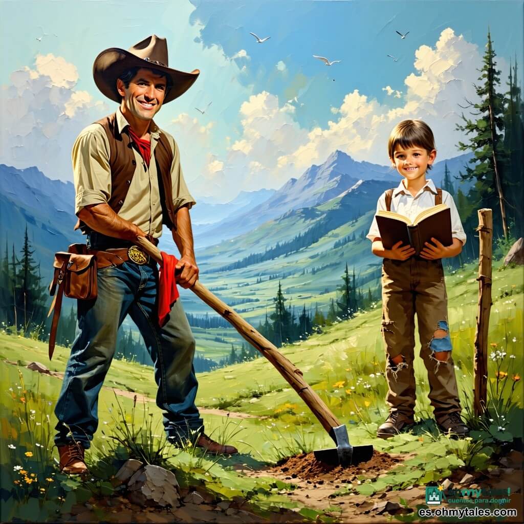 Un hombre adulto, Tomás, rostro bronceado, ojos claros y sonrisa serena, con sombrero vaquero gastado, camisa beige y chaleco marrón, clava un mojón de madera con un trapo rojo en la cima, apoyado en su pico, erguido en una colina herbosa; a su lado un adolescente, Milo (≈15 años), pecoso y despeinado, con pantalones remendados, orgulloso y aliviado, sostiene un cuaderno abierto mirando la estela; a la izquierda, doña Clara (≈50 años), con vestido sencillo y cabello cano recogido, sujeta una cantimplora y una carta, observando con ternura; cerca, don Eusebio (≈60 años), robusto y con bigote gris, brazos cruzados junto a una montura vieja, protege la escena; a la derecha, el caballo Relámpago, grande y negro, crin al viento, atento; paisaje de colina sobre un valle con praderas verdes, un pequeño bosque y humo tenue de un pueblo, cielo azul con nubes esponjosas y luz dorada de la tarde; momento triunfal y sereno tras plantar el último mojón, bandera roja al viento, polvo lejano, tonos cálidos, composición clara y colores saturados con textura de pintura acrílica visible.