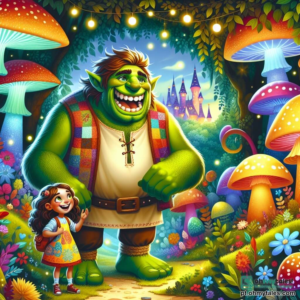 Um ogro verde, grande e musculoso, está no centro da cena, com um sorriso caloroso e olhos brilhantes de bondade. Ele usa uma túnica de retalhos coloridos e calças de lona, e ri alegremente, mostrando seus grandes dentes brancos. Ao seu lado, uma menina de dez anos, com cabelos cacheados castanhos e olhos brilhantes de curiosidade, observa o ogro com admiração. Ela veste um vestido colorido e uma mochila cheia de livros. O cenário é uma linda floresta encantada, onde as árvores têm folhas multicoloridas, flores luminosas e cogumelos gigantes que brilham no escuro. Vaga-lumes dançam ao redor deles, acrescentando um toque mágico à atmosfera. A cena principal mostra o ogro e a menina rindo juntos, cercados por criaturas fantásticas, enquanto descobrem um caminho secreto que leva a um castelo cintilante nas nuvens.