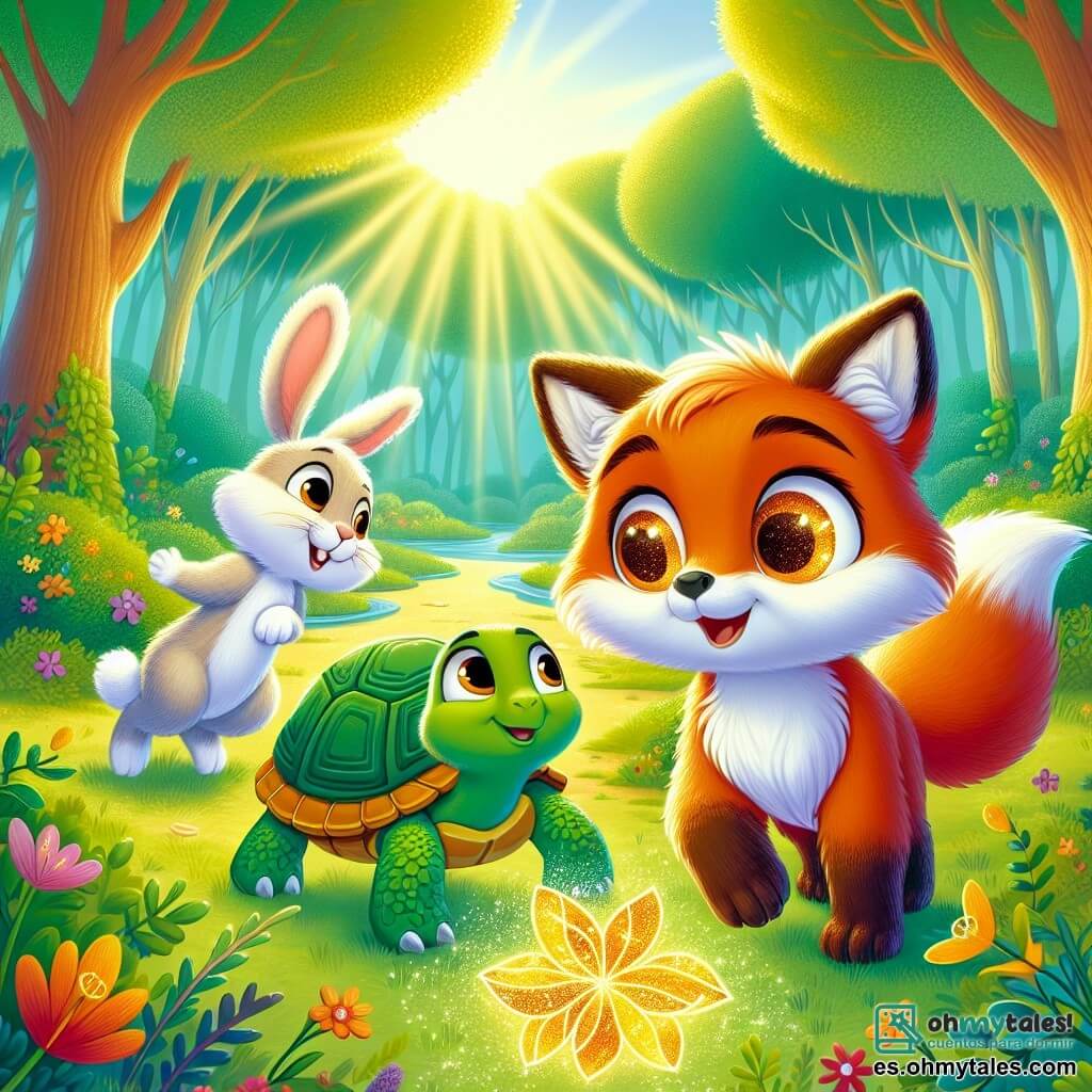 Un pequeño zorro llamado Rufi, con un pelaje naranja brillante y ojos brillantes como estrellas, se encuentra en el centro de la escena, mostrando una expresión alegre y curiosa. A su derecha, una tortuga llamada Tula, con un caparazón verde y ojos dulces, mira a Rufi con una sonrisa alentadora, lista para ayudarlo en su búsqueda. A la izquierda, un alegre conejo llamado Lino, con grandes orejas y pelaje blanco, salta en su lugar, lleno de energía y entusiasmo. La escena se desarrolla en una hermosa clareira del bosque, rodeada de majestuosos árboles de hojas verdes brillantes y flores coloridas que bailan al viento. Al fondo, un suave rayo de sol filtra a través de las ramas, iluminando la escena con una luz dorada. Rufi, Tula y Lino están juntos, mirando asombrados una flor mágica dorada que brilla en el centro de la clareira, simbolizando la amistad y la magia de su aventura.