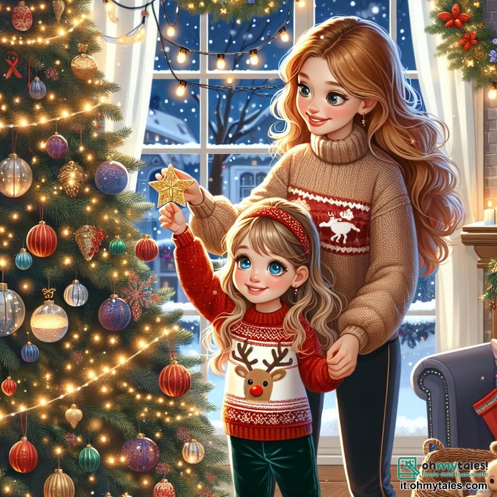 Una bambina di 5 anni, Sofia, con lunghi capelli biondi e occhi azzurri che brillano di gioia, si trova davanti a un magnifico albero di Natale decorato con luci scintillanti e palline colorate. Indossa un bel maglione rosso con un motivo di renna e pantaloni di velluto, sorridendo meravigliata mentre tiene un'astro dorato tra le mani. Accanto a lei, sua madre, una donna di una trentina d'anni con capelli castani e un sorriso caloroso, le sta mostrando come appendere l'astro in cima all'albero. Indossa un maglione di lana beige e pantaloni comodi, chinandosi leggermente per aiutare la figlia. La scena si svolge in un soggiorno accogliente, pieno di decorazioni natalizie: ghirlande luminose appese alle finestre, calze appese sopra il camino e fiocchi di neve che cadono dolcemente all'esterno attraverso il vetro. Sofia e sua madre stanno decorando insieme l'albero di Natale, creando un'atmosfera magica e gioiosa, piena di amore ed eccitazione per le festività in arrivo.