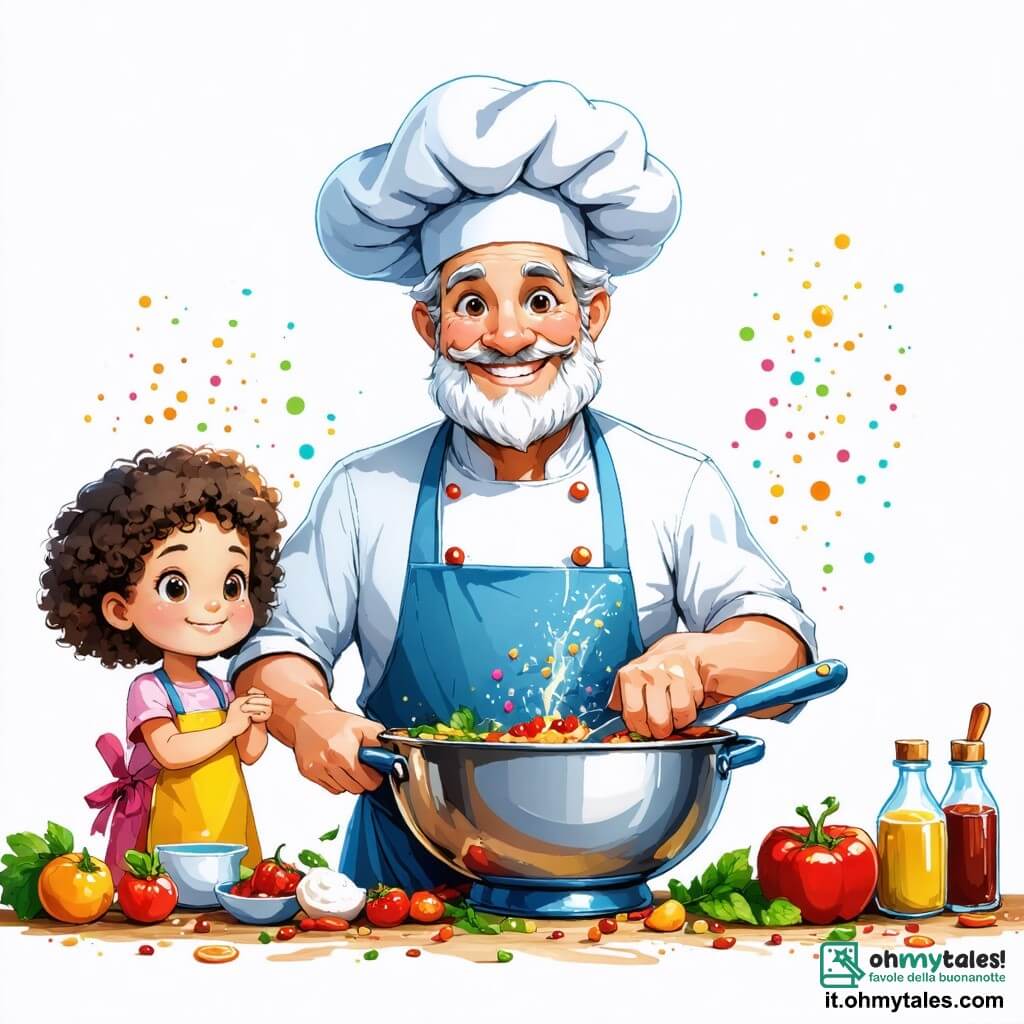 Lo chef Luigi, un uomo di mezza età con un grande sorriso, indossa un elegante cappello da chef bianco a forma di nuvola e un grembiule colorato. I suoi occhi brillano di eccitazione mentre mescola ingredienti in una grande ciotola, circondato da colori vivaci e deliziosi aromi. Accanto a lui, Sofia, una bambina di 8 anni con capelli ricci e occhi brillanti, osserva con meraviglia. Indossa un piccolo grembiule a fiori e tiene una spatola, pronta ad aiutarlo a decorare la magnifica torta arcobaleno. La scena si svolge in una cucina calda e accogliente, con pareti dipinte di giallo pastello, mensole piene di barattoli di spezie colorate e una grande finestra che lascia entrare la luce del sole. Sul piano di lavoro, frutta fresca e ingredienti sono sparsi, creando un vero e proprio quadro di golosità. La situazione principale mostra lo chef Luigi e Sofia mentre preparano insieme una squisita torta arcobaleno, con strati di colori vivaci, mentre ridono e condividono la loro passione per la cucina.