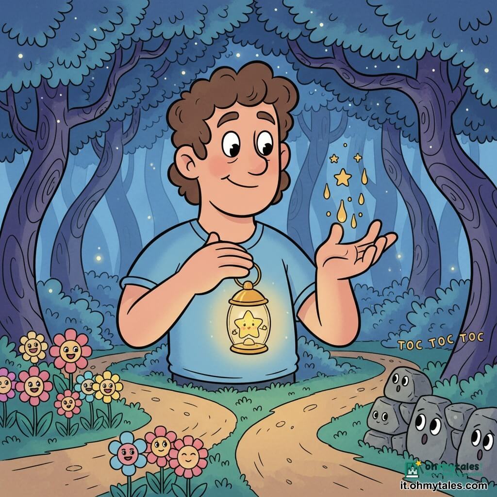 Un uomo chiamato Elio, alto dalle larghe mani, pelle chiara e capelli castani ricci, con un’espressione dolce e meravigliata, stringe al petto una piccola lanterna dorata animata: una stellina respirante che sorride e diffonde gocce di luce color miele sopra la sua mano; sullo sfondo, a sinistra un sentiero bordato di fiori sorridenti rosa, gialli e blu, a destra pietre antropomorfe grigie impilate a formare un muretto che fa “toc toc” verso il bosco; la scena è una radura in una foresta blu al crepuscolo, tronchi torsadati indaco, foglie scintillanti, muschio verde e piccole lucciole fluttuanti; Elio sceglie il suo cammino mentre la lanterna-stella illumina dolcemente tre sentieri, atmosfera calda, magica, colori pastello e contorni arrotondati.