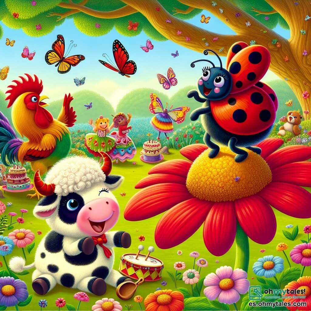 Una mariquita alegre llamada Lila, con un caparazón rojo brillante salpicado de pequeñas manchas negras, está bailando sobre una gran flor colorida, sus antenas vibrantes mostrando su emoción. Junto a ella, un gallo llamativo llamado Ramón, con plumas doradas y rojas, picotea el suelo riendo, mientras que una vaca dulce y redonda, Clara, con pelaje blanco y negro, toca el tambor golpeando sus pezuñas en el suelo. El escenario es un jardín encantador, lleno de flores brillantes de todos los colores, mariposas revoloteando y un viejo roble majestuoso al fondo. La situación principal muestra a Lila y sus amigos celebrando una fiesta alegre, rodeados de dulces y risas, mientras se preparan para ir en busca de un tesoro escondido.