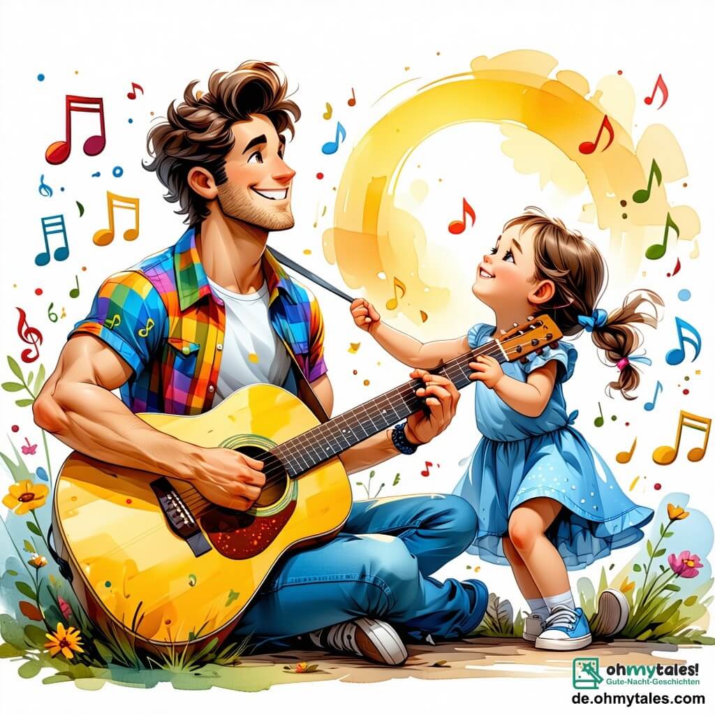 Max, ein Mann in seinen Dreißigern, steht lächelnd im Mittelpunkt des Bildes. Er hat lockige, braune Haare und trägt ein buntes T-Shirt mit Musiknoten. Mit Leidenschaft spielt er seine leuchtend gelbe Gitarre Sunny, während Musiknoten um ihn herum schweben und die Freude an der Musik symbolisieren. Neben ihm steht Mia, ein 8-jähriges Mädchen mit langen, geflochtenen blonden Haaren, die aufgeregt die Hand hebt, ihre Augen strahlen vor Neugier. Sie trägt ein Blumenkleid und steht auf einer grünen Wiese, bereit zu singen. Ben, ein 9-jähriger Junge mit kurzen braunen Haaren, sitzt im Gras, lacht und klatscht im Takt der Musik, mit einem breiten Lächeln auf dem Gesicht. Die Szene spielt in einem sonnigen Schulgarten, der mit bunten Blumen und grünen Bäumen gefüllt ist, während Sonnenstrahlen durch die Blätter scheinen. Im Hintergrund sind Kinder zu sehen, die im Gras sitzen und gebannt Max' Darbietung verfolgen. Die Hauptsituation zeigt Max, der singt und Gitarre spielt, umgeben von Kindern, die fröhlich mit ihm singen und eine Atmosphäre des Glücks und der Kameradschaft schaffen, in der die Magie der Musik alle Herzen vereint.