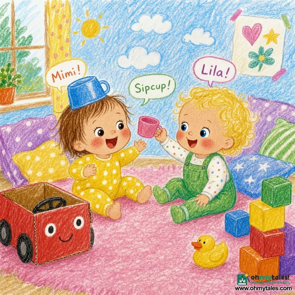 Two toddlers: Mimi, 1 year old, with short brown wispy hair, rosy round cheeks, wearing a yellow polka-dot onesie, sits left with a cup on her head like a hat, laughing with her mouth open; Lila, 1 year old, with short curly blonde hair, round blue eyes, in green overalls, sits right peering into the cup and saying "sipcup," smiling and reaching toward Mimi. They are in a sunny nursery with a soft pink rug, colorful cushions, a red cardboard box turned into a car, a few stacked blocks and a small toy duck on the floor, simple cloud drawings on the walls. Soft, bright colors, crayon-like strokes and waxy textures, very joyful expressions.