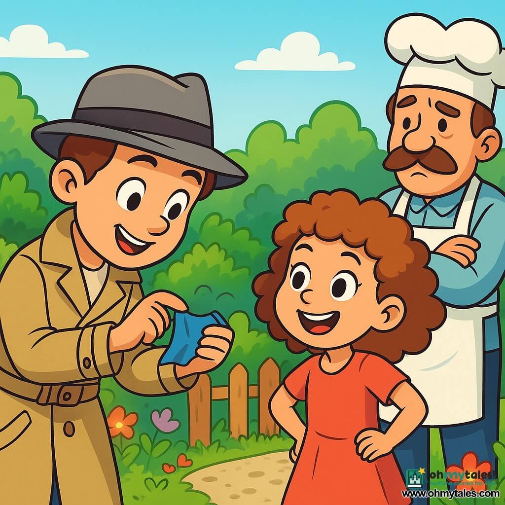 A young detective, wearing a gray felt hat and a beige trench coat, leans curiously over a small piece of blue fabric, his face lit up with excitement and focus. His bright eyes and determined smile show he is ready to solve the mystery. Next to him, a little girl with curly hair and sparkling eyes, about 7 years old, watches intently with her hands on her hips, full of enthusiasm. An older man, the baker, with a bushy mustache and a white apron, stands a bit back with crossed arms, displaying a worried expression. The scene takes place in a sunny garden filled with colorful flowers and lush bushes, with a small wooden fence and an open garden gate revealing a gravel path. The detective examines a crucial clue: a piece of blue fabric, while the little girl encourages him with admiring eyes. The worried baker observes the scene, hoping the mystery will soon be solved.