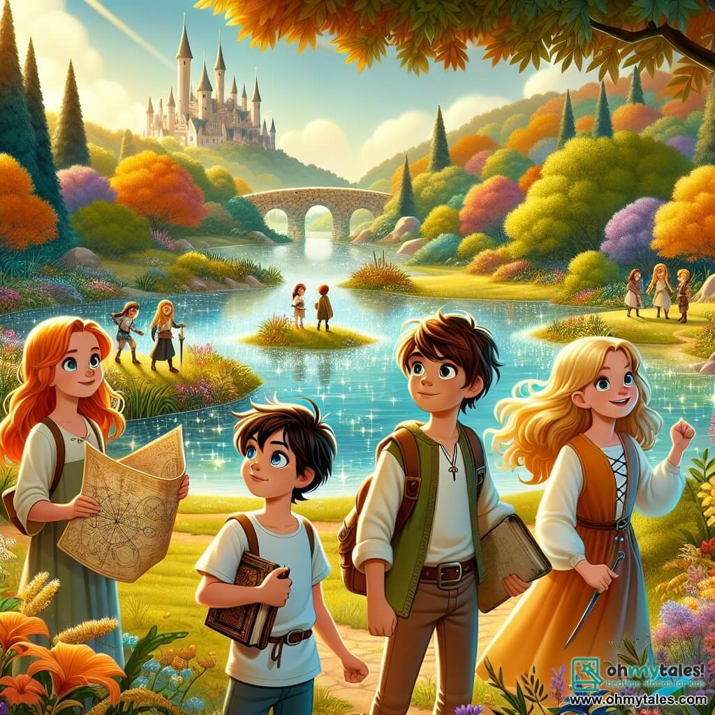 Four eleven-year-old friends stand at the edge of a sparkling lake in the Enchanted Vale. Lily, with autumn-colored hair and curious eyes, holds an ancient map, gazing in wonder at the landscape. Finn, with brown hair and deep blue eyes, stands slightly forward, ready to cross the shining stone bridge to the island. Zara, with golden hair and a joyful face, jumps with excitement, arms raised, surrounded by colorful wildflowers. Jaxon, with brown hair and round glasses, thoughtfully observes the ruins of an ancient castle on the island, standing slightly back. The enchanting valley is bathed in golden light, with majestic trees and a crystal-clear lake reflecting fluffy clouds. In the center, a small island crowned with mysterious, ivy-covered ruins symbolizes their friendship and adventurous spirit as they prepare to discover the hidden treasure.
