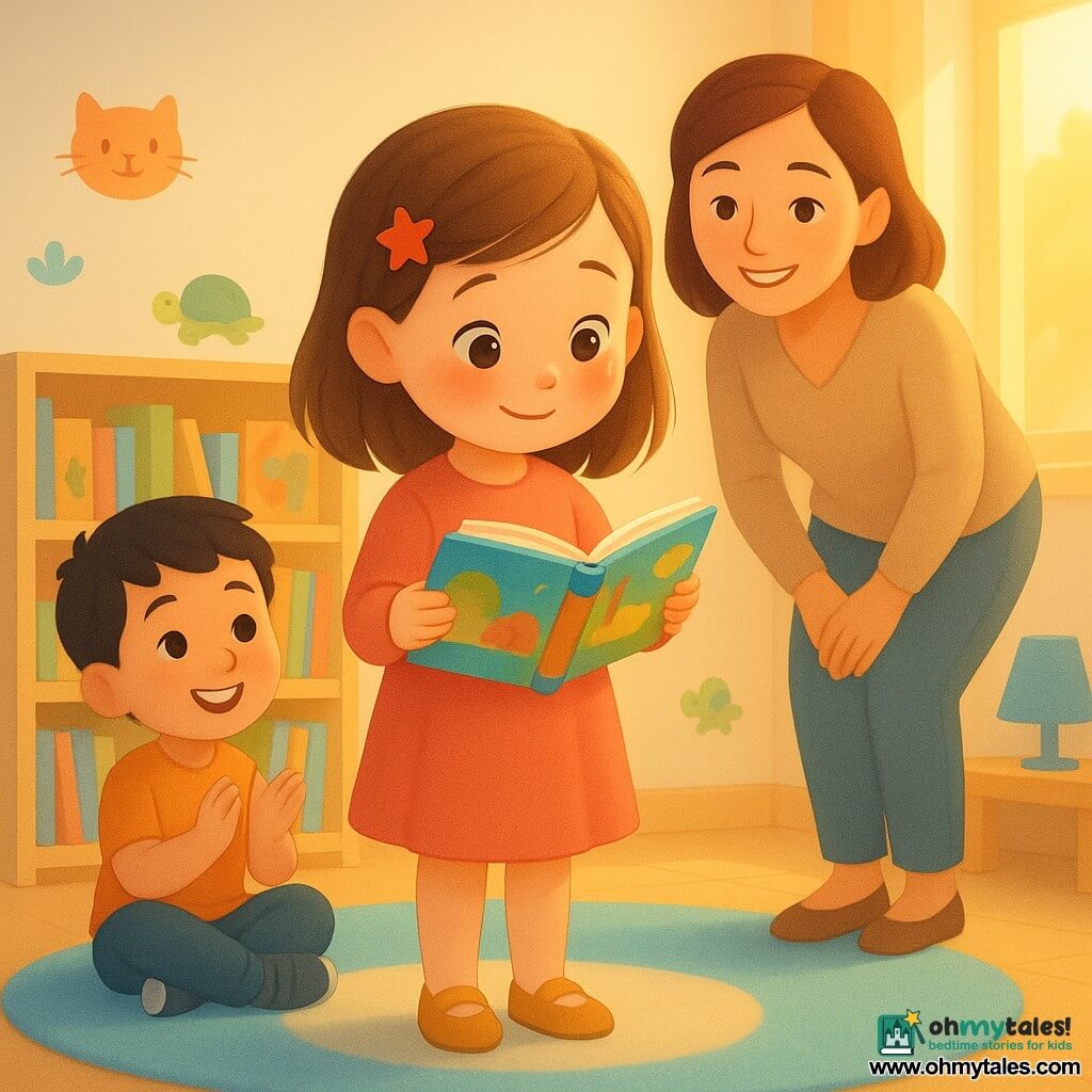A 6-year-old girl, shy but proud with a slightly flushed face, bright eyes and light brown hair held by a red star barrette, stands on a small soft round rug reading aloud from a colorful open book; a roughly 6-year-old boy with short black hair sits cross-legged to her left, smiling admiringly and applauding gently; a warm-faced female teacher in her 30s stands behind near a light-wood bookshelf, leaning forward slightly with hands clasped; the bright classroom features a large sky-blue round rug, a small blue-lampshade table lamp, a bookshelf full of picture books, animal stickers on the walls and golden sunlight through a window; the scene is a group read-aloud, children forming an attentive circle, the atmosphere tender and warm with small visible emotions.