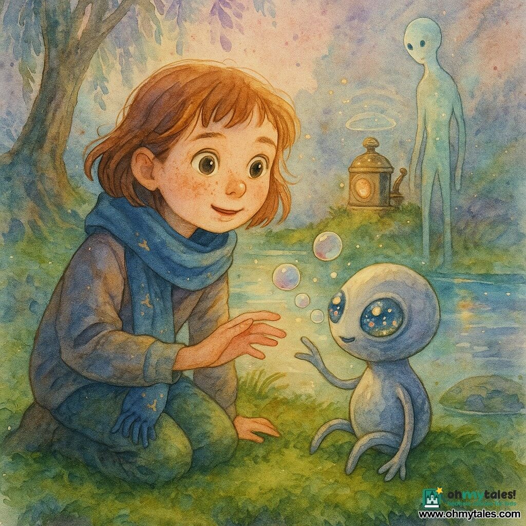 A 10-year-old girl named Mira with a round freckled face and bright hazel eyes, wearing a blue scarf embroidered with tiny comets, kneels on deep green moss, reaching toward a small silver creature; Pebble, a garden-lantern-sized alien with a pebble-smooth body, three thin arms, round glassy eyes and colorful twinkling lights that bubble instead of speak, sits on the moss, while a taller nonhuman named Lilt, with a slender silhouette and translucent, glassy skin, stands by a repaired brass machine with a glass dome emitting thin mist rings, observing gently; the scene is a twilight luminous swamp with velvety moss, a shimmering pond, an old willow, and soft pastel colors (moss greens, lavender blues, warm golds), creating a calm, magical, tender atmosphere.