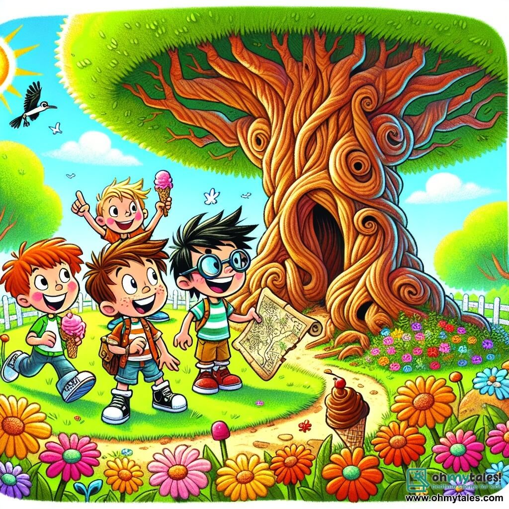 Four little adventurers stand in front of a large twisted tree in a sunny park. Max, a six-year-old boy with messy brown hair, holds an old piece of paper shaped like a map, his eyes sparkling with excitement. To his right, Leo, another six-year-old with blond hair and round glasses, points at a colorful flower growing near their feet. On the left, Sam, a six-year-old with black hair and sunglasses, carefully observes the tree with a curious smile. Finally, Ben, a six-year-old with red hair, jumps for joy, arms raised to the sky, his ice cream melting in his hand. The setting is a lush park filled with vibrant flowers, a clear blue sky, and birds singing in the branches. In the center, an ancient tree with a gnarled trunk and a mysterious hollow captures their attention. The main scene shows the four friends discovering a treasure map, ready to explore and embark on a magical adventure together, filled with enthusiasm and camaraderie.