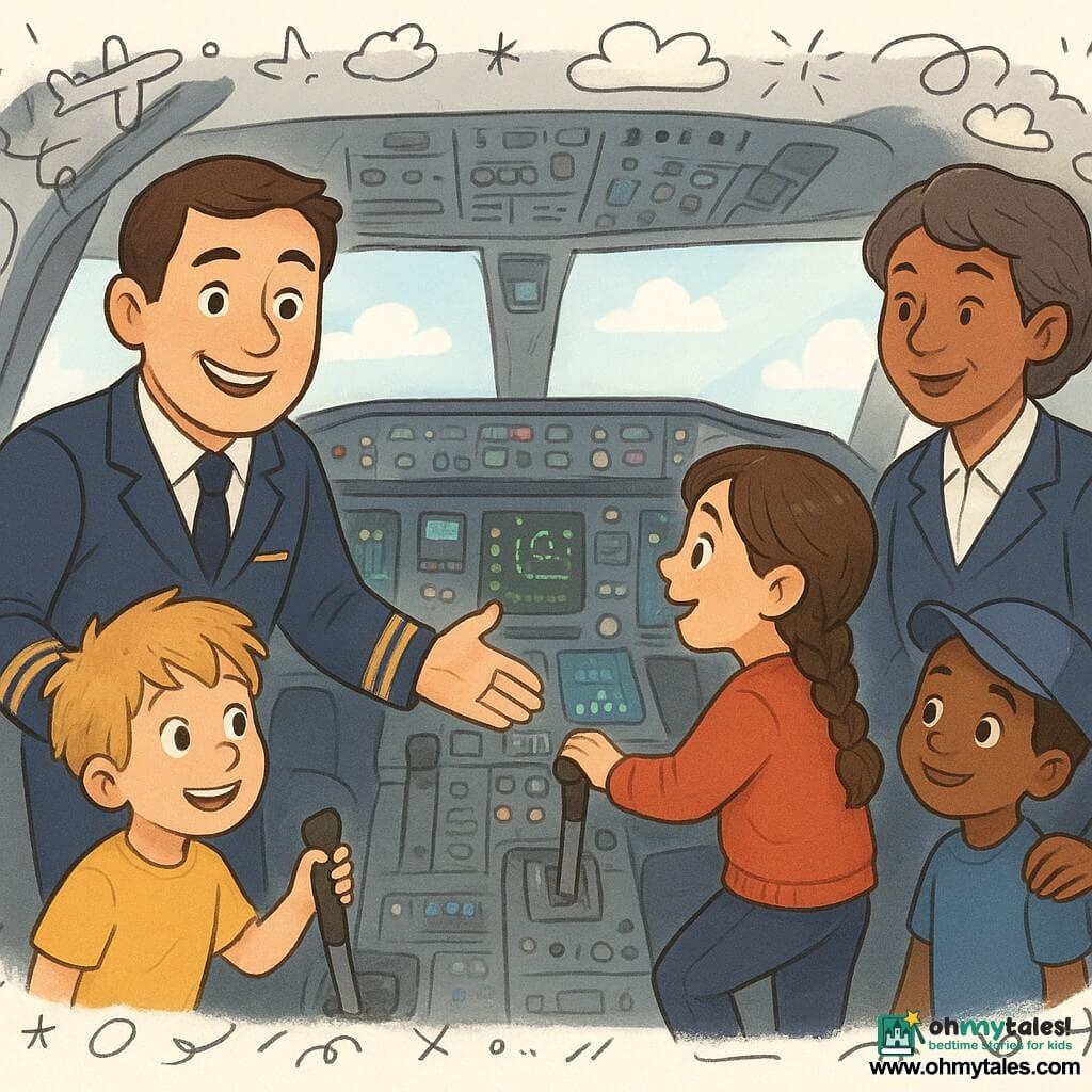 A male pilot in his thirties with a round face and short brown hair, wearing a clean navy uniform with gold stripes, warm proud expression and wide smile, holds the cockpit door open and gestures to the instrument panel with one welcoming hand on the co‑pilot seat; an about‑8‑year‑old blond boy with messy hair and wide eyes stands before the pilot with one hand on the control column and the other on the railing; an about‑9‑year‑old girl with braided brown hair in a red sweater climbs a step near the panel to look at the buttons, intrigued and joyful; a 6‑year‑old boy in a blue cap holds the hand of a female flight attendant in her forties with short gray‑brown hair and a gentle smile, who stands behind the children with a reassuring hand on the youngest's shoulder; the spacious cockpit is lit by clear morning light through a large windshield, with panels of colorful buttons, green and blue screens, shiny metal levers and gray leather seats, conveying a welcoming, curious atmosphere centered on the pilot and children with vivid colors, warm contrasts and small doodles of clouds and planes at the edges.