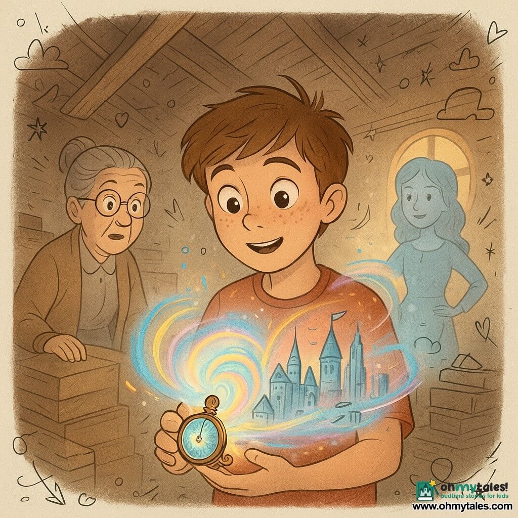 A tearful, amazed 12-year-old boy with a round freckled face, tousled light brown hair and bright wide eyes holds an old pocket watch emitting blue and gold light, his fingers gripping the open cover; behind him stands a kindly surprised 70-year-old grandmother with gray hair in a bun and round glasses, hand on a dusty box beside a stack of cartons; slightly to the boy’s right appears a translucent medieval girl, Elinor, about 11, smiling in a simple dress with hands on her hips like an echo from the past; the scene is an old attic with exposed wooden beams, dust motes in shafts of light, stacked boxes, old books and a round window letting in twilight sunbeams; the boy activates the watch and a spiral of colored light (blue, gold, pale pink) swirls around him, blending past elements (medieval silhouette, torches, stone houses) with future doodles (stylized skyscrapers, floating vehicles) in a clear, magical contrast.