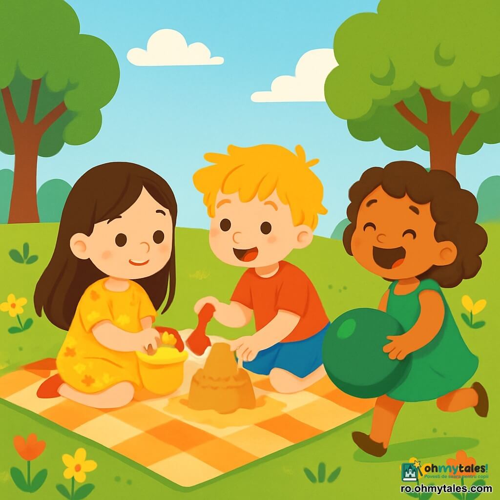 Sunt 3 personaje: - Ana: o fetiță de 5 ani cu părul lung și brunet, purtând o rochie galbenă cu flori. Ea stă pe o pătură de picnic, ținând o găleată galbenă plină cu nisip. - Luca: un băiat de 6 ani cu părul blond și ciufulit, îmbrăcat cu un tricou roșu și o pereche de pantaloni scurți albaștri. El este lângă Ana, folosind o mică lopată roșie pentru a modela nisipul. - Maria: o fetiță de 5 ani cu părul buclat și castaniu, purtând o rochie verde. Ea stă în picioare lângă ei, râzând și ținând o minge mare verde care se rostogolește aproape de pătură. Locul se desfășoară într-un parc însorit, cu copaci verzi luxurianti și flori colorate în jur. Cerul este albastru deschis, presărat cu câteva nori albi pufoși. O pătură mare de picnic este întinsă pe iarba moale. Situația principală arată cei trei prieteni jucându-se fericiți împreună, încercând să creeze un „tort de nisip” în timp ce râd și alergă după mingea care a scăpat. Expresiile de bucurie și complicitate le luminează fețele, în timp ce vântul le face părul să danseze.