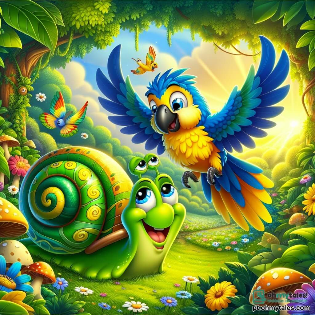 Um pequeno caracol chamado Carlito, com uma concha espiral colorida em verde e amarelo, expressa uma grande alegria com seus olhos brilhantes e um sorriso largo, parado no meio de uma linda pradaria. Ao seu lado, uma arara vibrante e alegre, chamada Azulita, com penas azul-vivo e amarelas, voa em círculos ao seu redor, rindo e encorajando Carlito em sua aventura. Ao fundo, um jardim encantador se estende, cheio de folhas luxuriantes, flores vibrantes e cogumelos de formas divertidas, banhado pela luz dourada do sol poente. A cena mostra Carlito e Azulita descobrindo juntos o Jardim das Delícias, maravilhados com a beleza ao seu redor, prontos para explorar este lugar mágico.