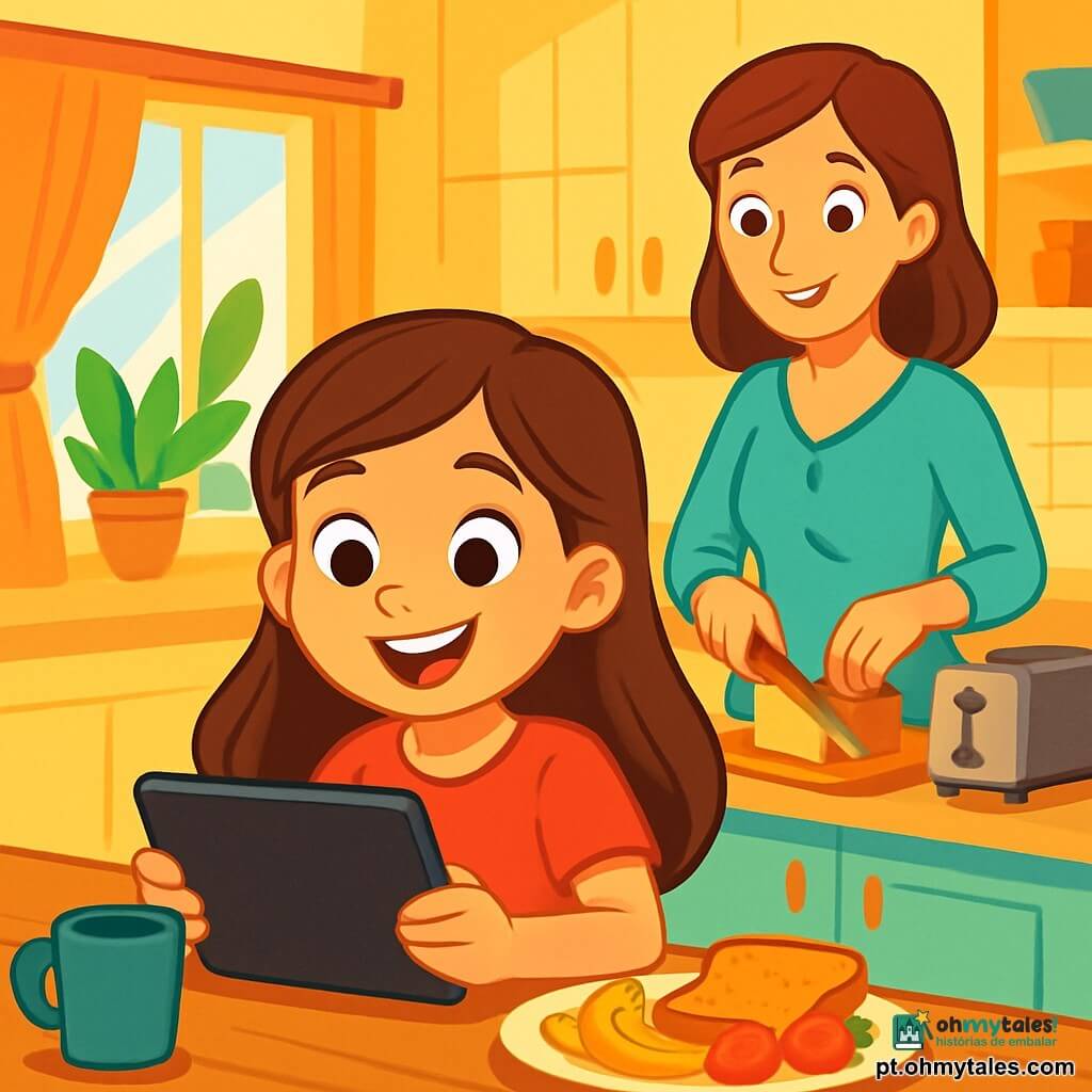 Uma menina de 8 anos, Clara, com longos cabelos castanhos e olhos brilhantes de curiosidade, está sentada a uma mesa de madeira em uma cozinha iluminada. Ela sorri entusiasticamente, segurando um tablet nas mãos, com as bochechas levemente rosadas de excitação. Ao lado dela, sua mãe, uma mulher na casa dos trinta anos com cabelos castanhos e um sorriso acolhedor, prepara o café da manhã na bancada, enquanto observa Clara com carinho. A cozinha é espaçosa e acolhedora, com paredes amarelas ensolaradas, plantas verdes na janela e raios de luz filtrando através das cortinas. A cena principal mostra Clara, cheia de energia, pensando nas diferentes atividades que poderia fazer com sua tela, cercada pelo delicioso aroma de pão tostado e frutas frescas.