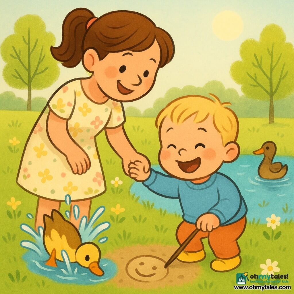 A joyful 2-year-old boy with rosy cheeks and short blond hair, wearing a soft blue sweater and yellow shoes, laughing and drawing a smiling face in the soil with a stick; his mother, about 30–35, fair-skinned with chestnut hair in a ponytail and a light floral dress, stands beside him holding his hand and smiling tenderly; two yellow-and-brown ducks by a small pond—one splashing as it dives, the other swimming calmly; spring morning with dewy green grass, small yellow flowers and daisies, a tranquil blue-reflecting pond, young light-green trees and a pale blue sky with soft sun; bright atmosphere, vivid colors, soft textures, composition centered on the mother-and-child pair in front of the pond.