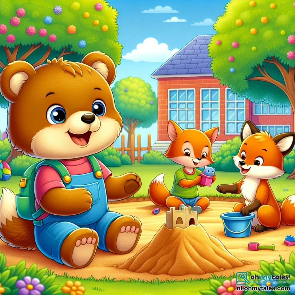 Een kleine teddybeer met zachte, bruine vacht en nieuwsgierige, sprankelende ogen staat enthousiast te glimlachen in het midden van het toneel, terwijl hij een kleine blauwe rugzak vasthoudt. Aan zijn rechterkant speelt een ondeugende vos met feloranje vacht en een fluffy staart vrolijk in het zand van een grote zandbak. Aan zijn linkerkant kijkt een klein hertje met lichte bruine vacht en witte vlekken verwonderd, met grote, stralende ogen van blijdschap, terwijl het een zandkasteel bouwt. De scène speelt zich af op een zonnige schoolplein, omringd door groene bomen en kleurrijke bloemen, met het gelach van kinderen in de lucht. Op de achtergrond is het schoolgebouw te zien, met heldere ramen en een grote houten deur. De hoofdsetting toont de drie vrienden die samen in de zandbak spelen, grappige vormen maken en lachen, wat de vreugde van hun eerste schooldag en de magie van vriendschap illustreert.