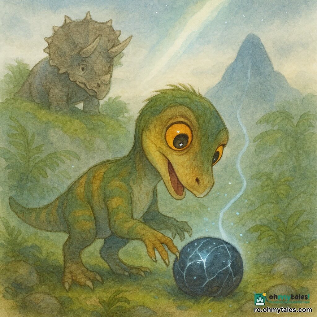 Un tânăr velociraptor curios, cu ochi mari chihlimbarii și penaj verde-mușchi cu dungi ocres, atinge cu laba o piatră rotundă neagră cu vene albastre palide care emite o lumină blândă, în timp ce un tricerațops bătrân și binevoitor, cu plăci cenușii, îl supraveghează de pe o movilă acoperită de mușchi într-o poiană de ferigi și stânci mușcate, cu ceață fină și un munte de obsidian la depărtare, scena sugerând o descoperire minunată: velociraptorul ascultă piatra cântătoare pe măsură ce lumina albastră formează o bandă descendentă și tricerațopsul veghează de sus.
