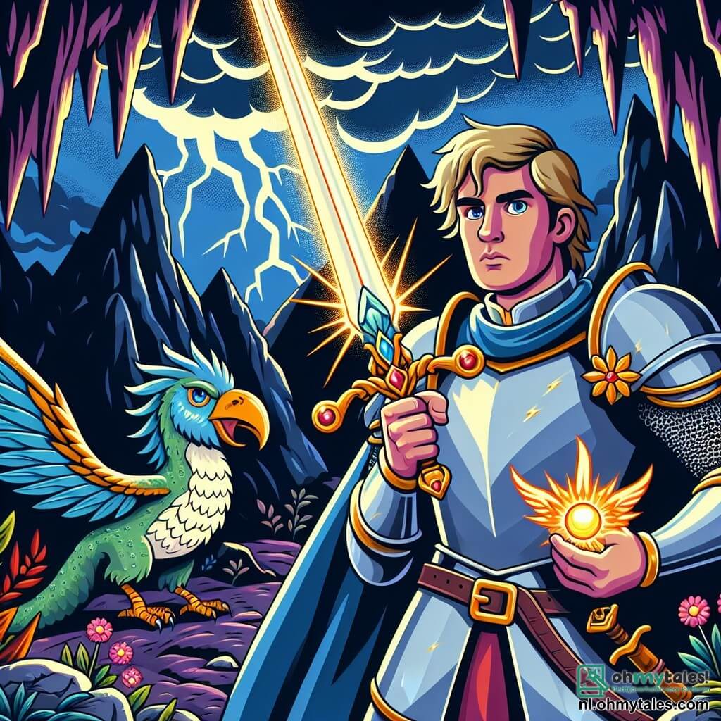 Een dappere ridder, Sir Arthur, staat trots in het midden van de afbeelding. Hij is een man van rond de dertig, met een glanzend harnas dat het zonlicht weerkaatst. Zijn gezicht is vastberaden, zijn ogen stralen moed uit, en hij zwaait met een prachtige magische zwaard dat een gouden gloed uitstraalt. Naast hem vliegt een kleurrijke vogel, een belangrijke secundaire figuur, vrolijk rond. Deze vogel, met felblauwe veren en een gele snavel, lijkt enthousiast en leidt Sir Arthur naar de overwinning. De scène speelt zich af voor een donkere en dreigende grot, omringd door steile bergen. Donkere wolken hangen boven, en bliksem verlicht de lucht, wat een dramatische sfeer aan de afbeelding toevoegt. Sir Arthur bereidt zich voor om een vreselijke draak te confronteren die zich in de grot verstopt. De draak, met zijn groene schubben en vlammenogen, brult krachtig, wat een voelbare spanning in de lucht creëert.