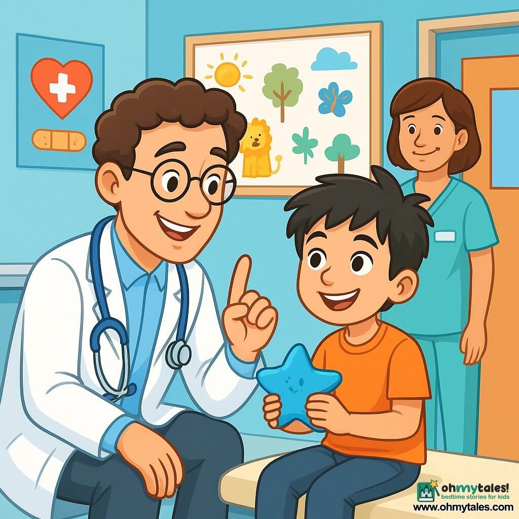 Dr. Tom, a friendly and warm male doctor, wears a spotless white coat and a blue stethoscope around his neck. He has slightly curly brown hair and round glasses that give him a friendly appearance. He is crouched next to an 8-year-old boy, Max, who has messy black hair and a bright smile, holding a star-shaped ice pack. In the room, a middle-aged nurse, Mrs. Patel, with brown hair and a kind smile, stands by the door, watching the scene with pride. The scene takes place in a bright and welcoming examination room, with light blue walls, colorful health posters, and a large board with children's drawings. Dr. Tom explains to Max the importance of sleep for staying healthy, while Max listens attentively, his eyes sparkling with excitement.
