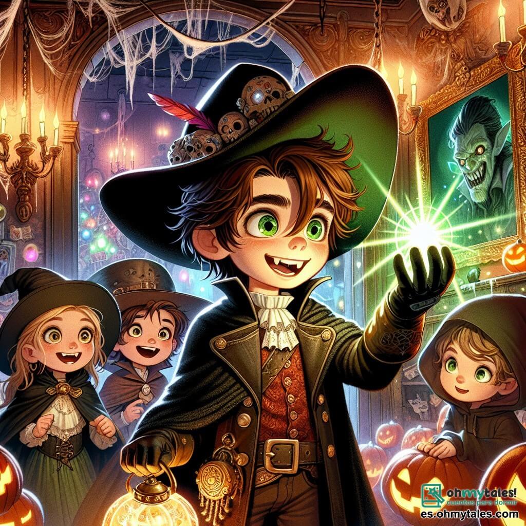 Un niño de 10 años, Lucas, con cabello castaño desordenado y ojos brillantes de curiosidad, lleva un viejo disfraz de pirata con un gran sombrero y un parche en el ojo. Se encuentra en el centro de la escena, sonriendo ampliamente y sosteniendo un gran caramelo en forma de estrella que brilla intensamente. A su lado, Clara, una niña de 9 años disfrazada de vampiro con una capa negra y dientes afilados, mira a Lucas con admiración, sus ojos llenos de emoción. Diego, un niño de 10 años disfrazado de monstruo con piel verde y garras, se queda un poco atrás, sosteniendo una linterna que ilumina su camino, mostrando una expresión decidida. La escena tiene lugar dentro de una casa embrujada, con paredes adornadas con telarañas, cuadros espeluznantes y un gran espejo que refleja sombras misteriosas. Luces titilantes crean una atmósfera mágica y ligeramente inquietante. Lucas, Clara y Diego están en una búsqueda para encontrar el caramelo mágico, rodeados de risas de niños fantasmas y un ambiente de misterio, listos para descubrir los secretos ocultos de la casa.