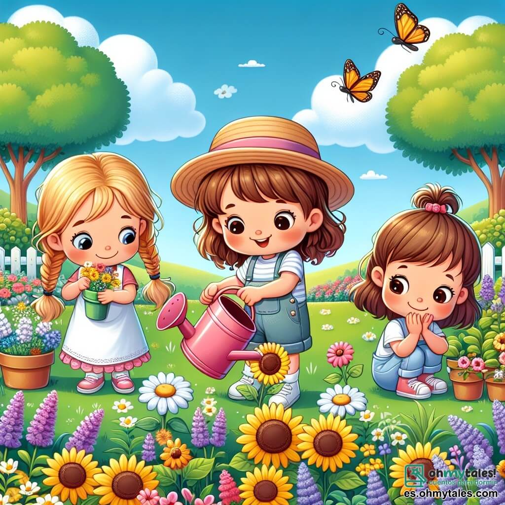 En un jardín colorido, tres niñas están jardineando. Lucía, de 7 años con cabello castaño y trenzas, lleva un sombrero de paja y riega flores amarillas con un pequeño regador rosa. Junto a ella, María, de 6 años con cabello rubio y rizado, planta semillas de girasol, sonriendo ampliamente. Finalmente, Ana, de 5 años con cabello castaño y una pequeña coleta, está agachada, observando una mariposa que vuela a su alrededor, maravillada. El jardín está lleno de flores brillantes: margaritas blancas, lavandas violetas y girasoles dorados que se mecen suavemente con el viento. Los árboles verdes rodean el jardín, y el cielo es de un azul brillante, salpicado de algunas nubes esponjosas. Las tres amigas se divierten regando y plantando flores, riendo y maravillándose de la belleza de la primavera que las rodea.