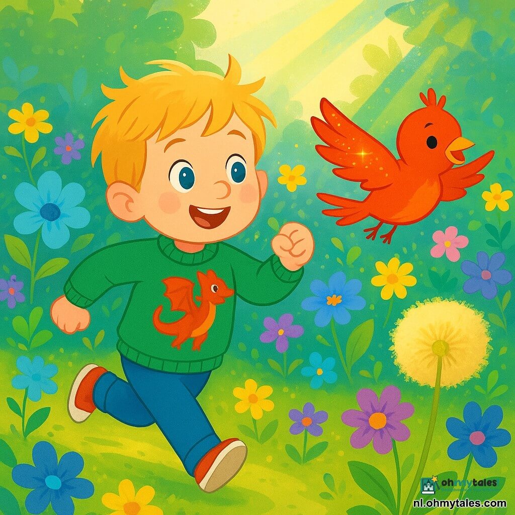 Een 4-jarig jongetje, Finn, met messy blond haar en heldere blauwe ogen, draagt een groene trui met een grote drakenvlag. Hij heeft een verwonderde glimlach en roze wangen, en rent vrolijk door een doolhof van kleurrijke bloemen. Naast hem vliegt een klein rood vogeltje, Flits, zingend met glanzende vleugels die in de zon schitteren. De plek is een magisch doolhof vol bloemen in levendige tinten blauw, geel en paars, met zachte mospaden en zonnestralen die door de bladeren filteren. De bloemen dansen zachtjes in de wind, wat een betoverende sfeer creëert. De belangrijkste situatie toont Finn die enthousiast rent, Flits volgend die hem door het doolhof leidt, terwijl een grote paardenbloem zachtjes buigt, alsof hij hen aanmoedigt om verder te gaan in hun avontuur.