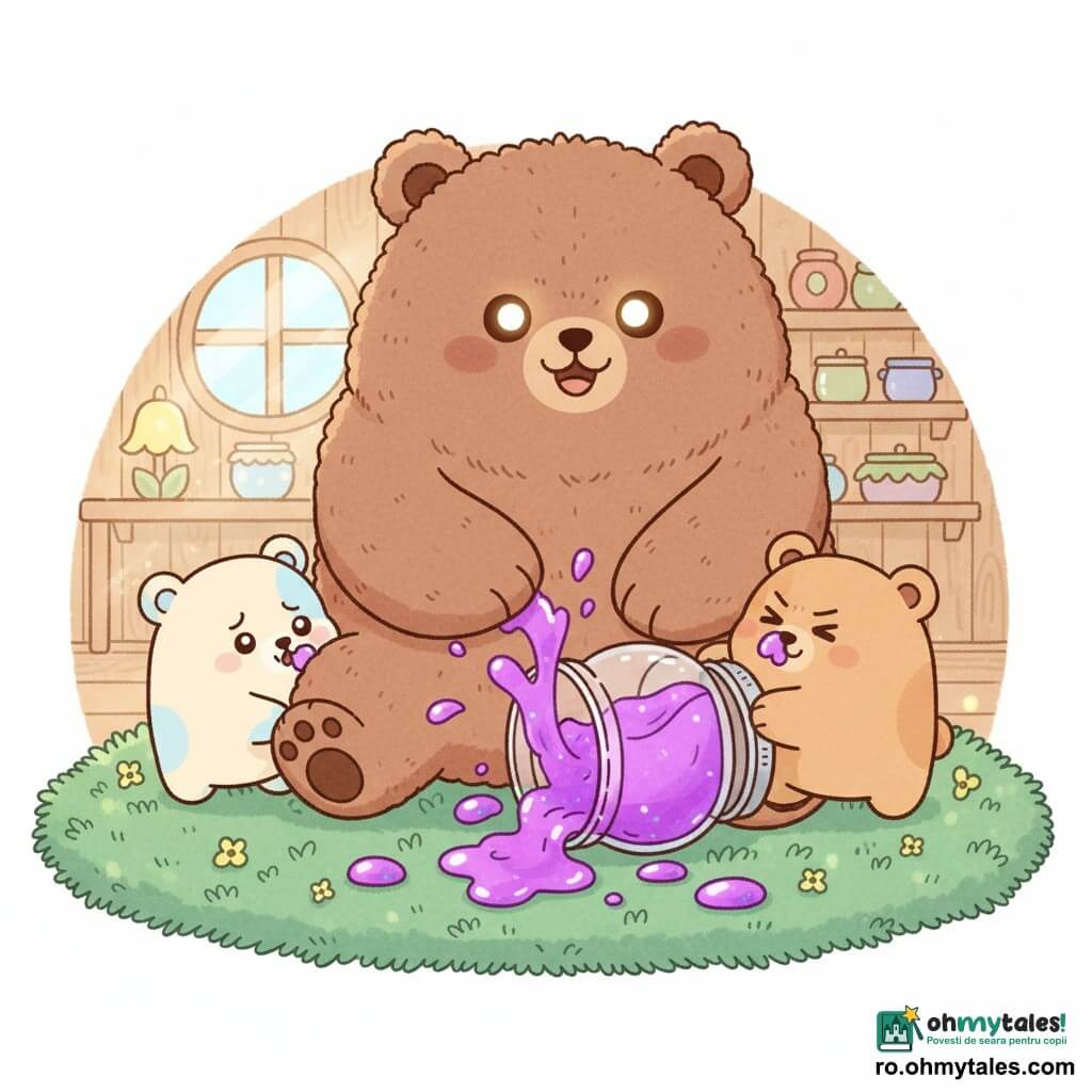 Un mare urs brun pufos cu blană texturată și ochi rotunzi zâmbitori, ghemuit și întinzând o labă spre un borcan de gem stropit, un pui Puf mai mic, crem cu pete albastre, cu expresie vinovată și uimită lingând colțul borcanului răsturnat în stânga, și un pui Dodi minuscul, caramela, rotund, cu sprâncene încruntate dar amuzate, împingând ușor borcanul din dreapta cu o labă și având gem strălucitor pe bot; borcanul de sticlă răsturnat în centru, capac argintiu în aer, gem violet fosforescent țâșnind în stropi și picături pe un covor gros de mușchi verde cu fibre vizibile și mici flori galbene; fundalul arată o vizuină din lemn deschis cu raze blânde de soare printr-o fereastră rotundă și rafturi simple cu alte borcane; scenă comică cu dezordine de gem, culori vii (violet, verde, maro) și compoziție centrată cu cei trei urși apropiați și expresii dinamice.