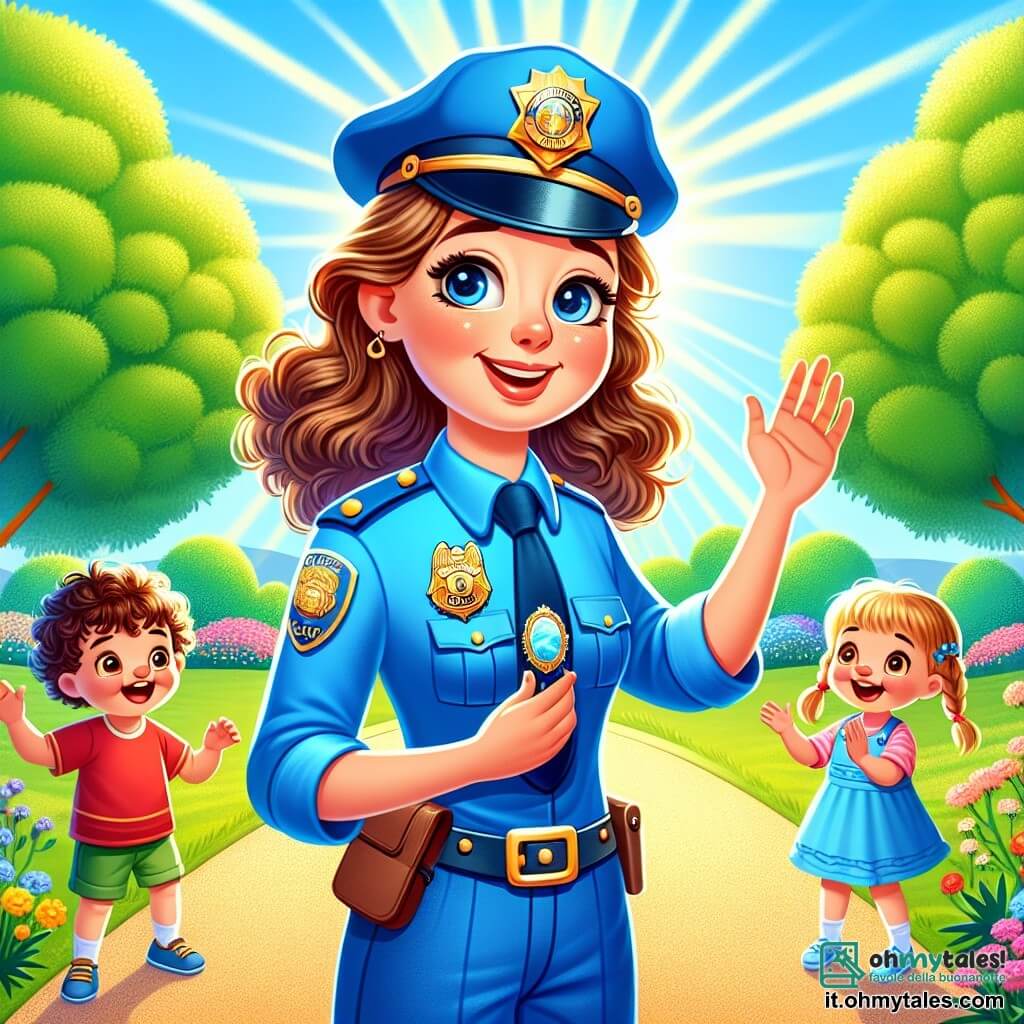 Una poliziotta sorridente, Anna, è in piedi al centro della scena. Indossa una uniforme blu brillante, con un distintivo lucido sul petto. I suoi occhi brillano di gentilezza e ha un grande sorriso caloroso. Tiene un piccolo cartello "Fermati" con una mano, mentre l'altra è alzata per salutare dei bambini. Alla sua destra, un ragazzo di 6 anni, con capelli castani e ricci, guarda Anna con ammirazione. Indossa una maglietta rossa e pantaloni corti blu. Alla sua sinistra, una ragazza di 5 anni, con trecce bionde e un vestito rosa, applaude gioiosamente, con gli occhi brillanti di eccitazione. La scena si svolge in un parco soleggiato, con grandi alberi verdi, fiori colorati e un sentiero di ghiaia. I bambini giocano intorno a loro e una panchina di legno è visibile sullo sfondo. Anna spiega ai bambini l'importanza della sicurezza e della gentilezza, mentre loro la ascoltano attentamente, catturati dal suo discorso. L'atmosfera è gioiosa e piena di energia, con risate e sorrisi ovunque.